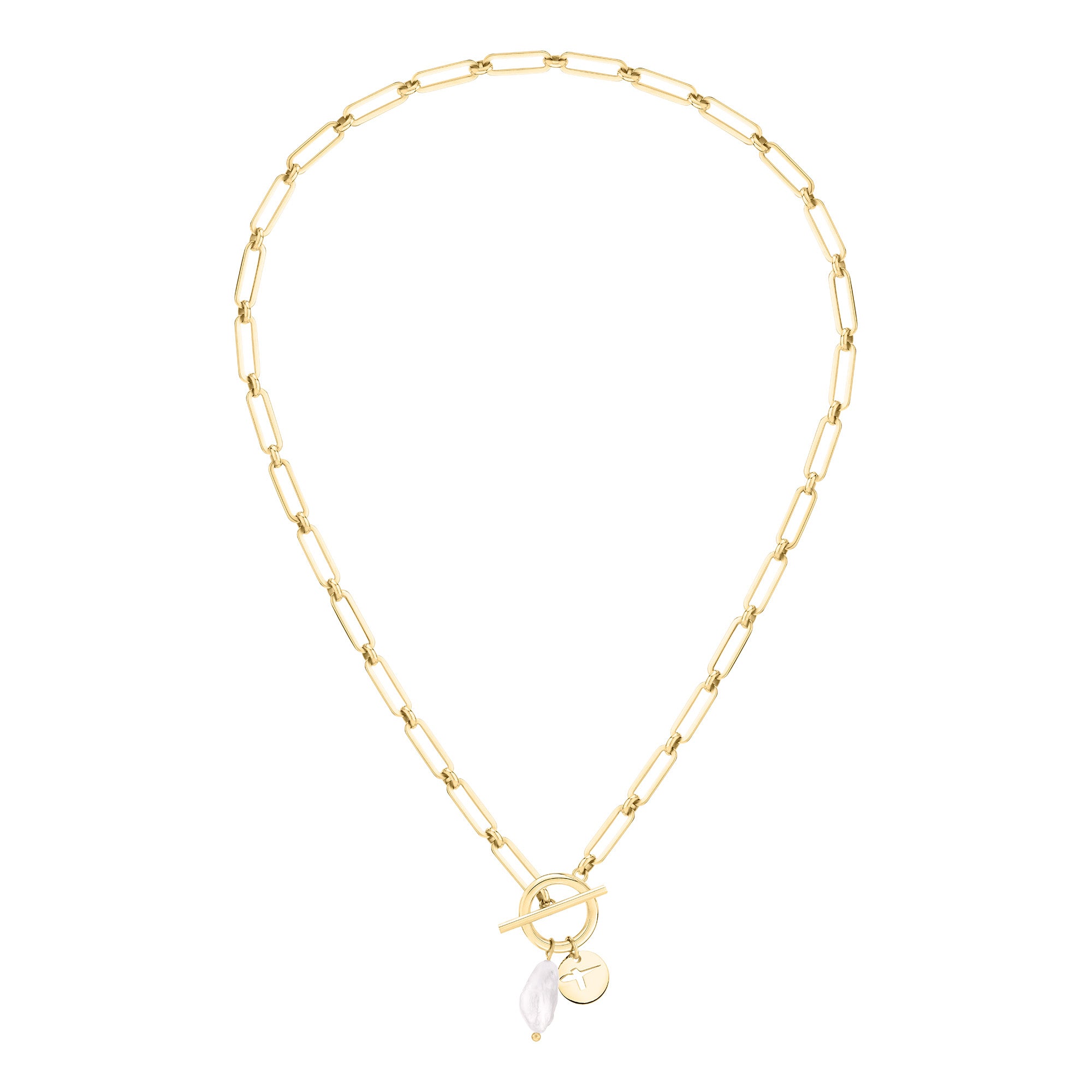 Die Tamaris Halskette - The T-Bar Pearl von Tamaris ist mit Büroklammer-Gliedern, einer Perle und einem runden Goldanhänger am T-Bar-Verschluss ausgestattet.