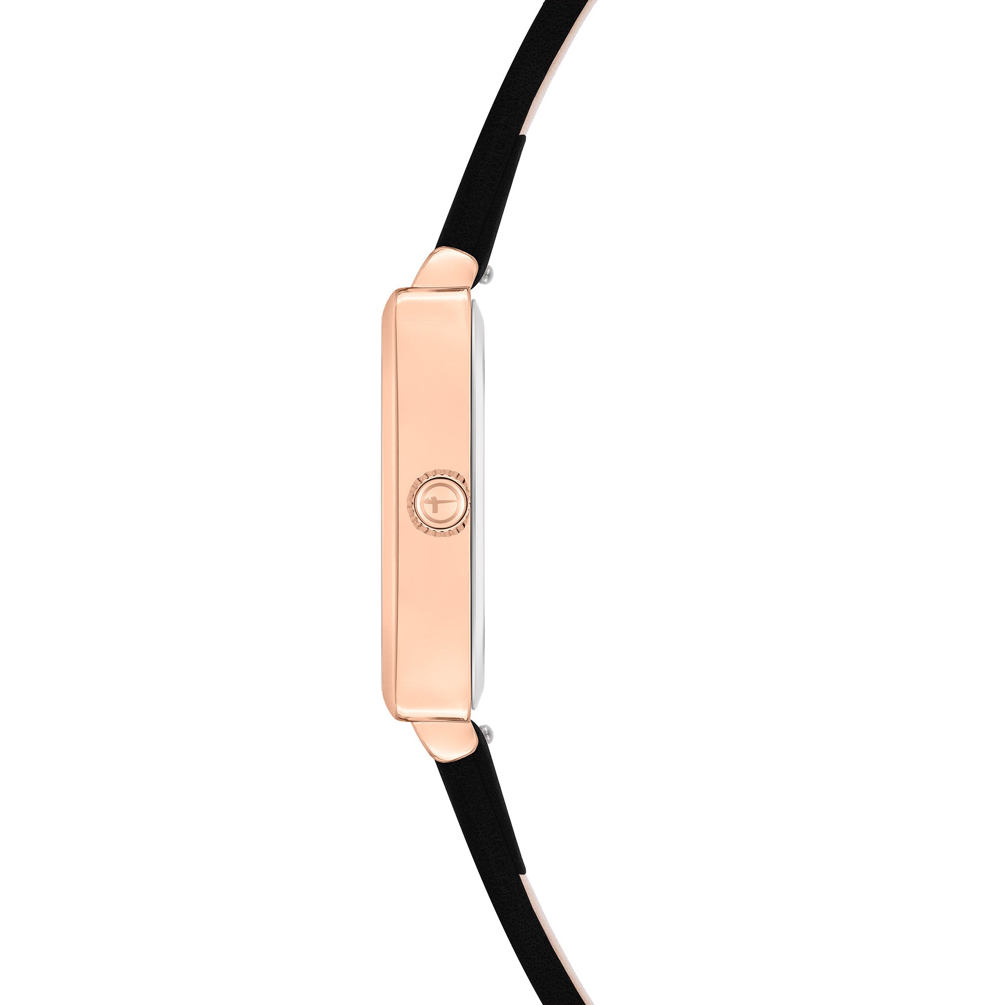 Seitenansicht der Tamaris Armbanduhr - The Square Black mit einem eckigen Gehäuse in Roségold und einem schwarzen Lederarmband von Tamaris auf weißem Hintergrund.