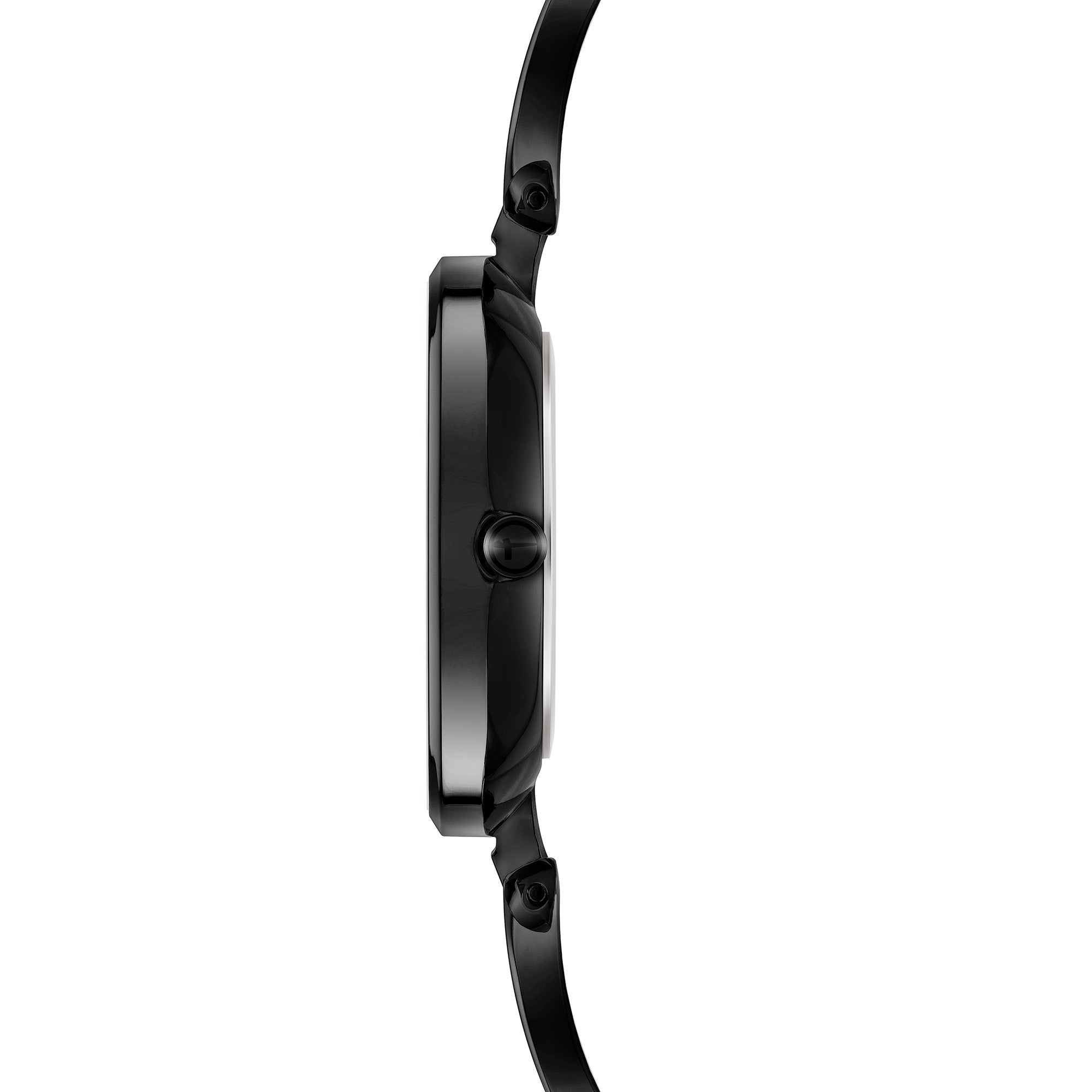 Seitenansicht der Tamaris Armbanduhr - The Black Glamorous, die ein schwarzes, rundes Zifferblatt und ein schmales Edelstahlband vor einem weißen Hintergrund zeigt.