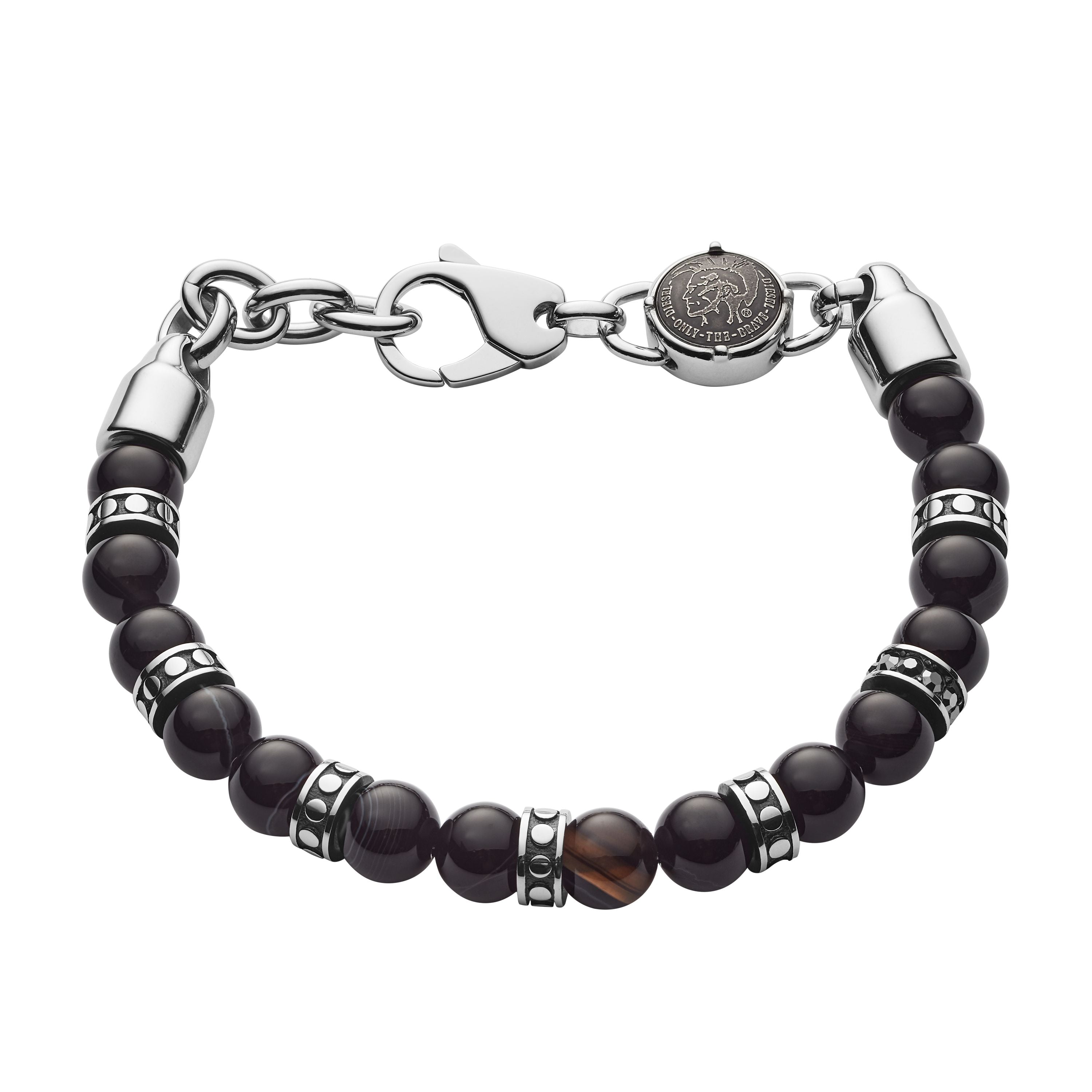 Diesel Beads - Das Structured Beads Armband: Ein hochwertiges Perlenarmband von Diesel mit dunklen runden Perlen, silbernen Akzenten, einem Münzanhänger und Karabinerverschluss im charakteristischen Diesel Schmuck-Stil.