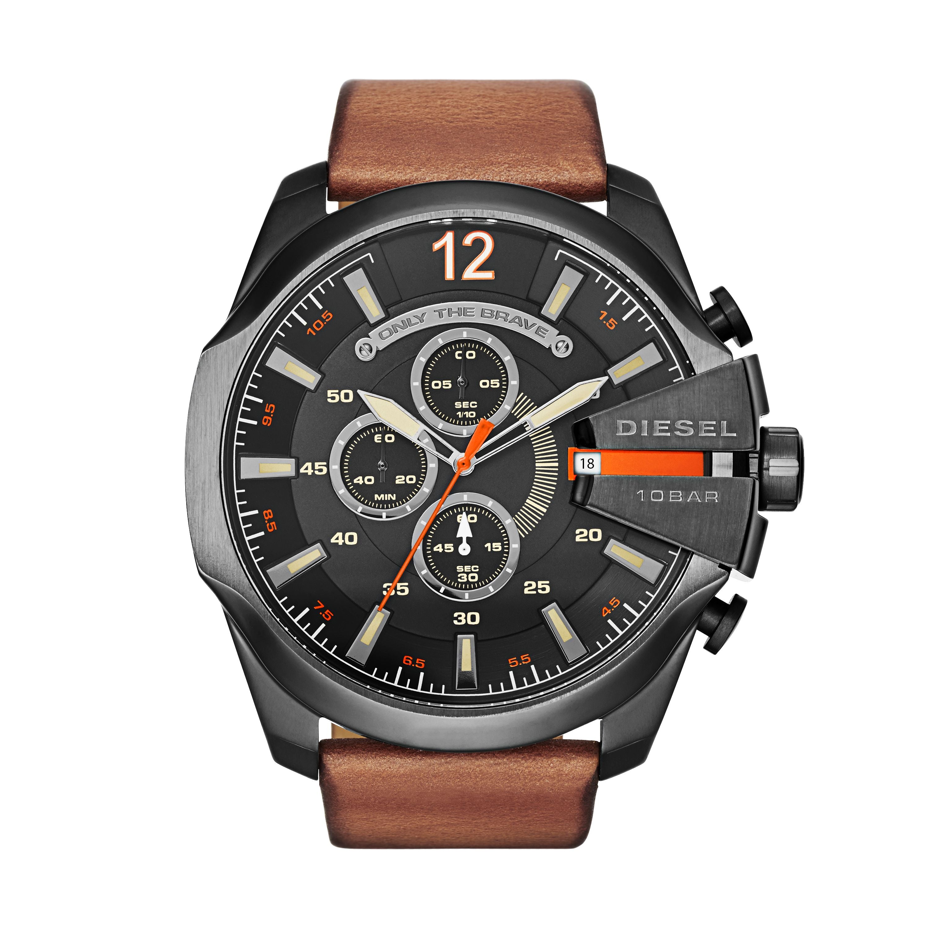 Diesel Armbanduhr mit schwarzem Zifferblatt mit silber-goldenen Indizes, Chronographenwerk, schwarzem Edelstahlband und braunem Lederband; Produktbild