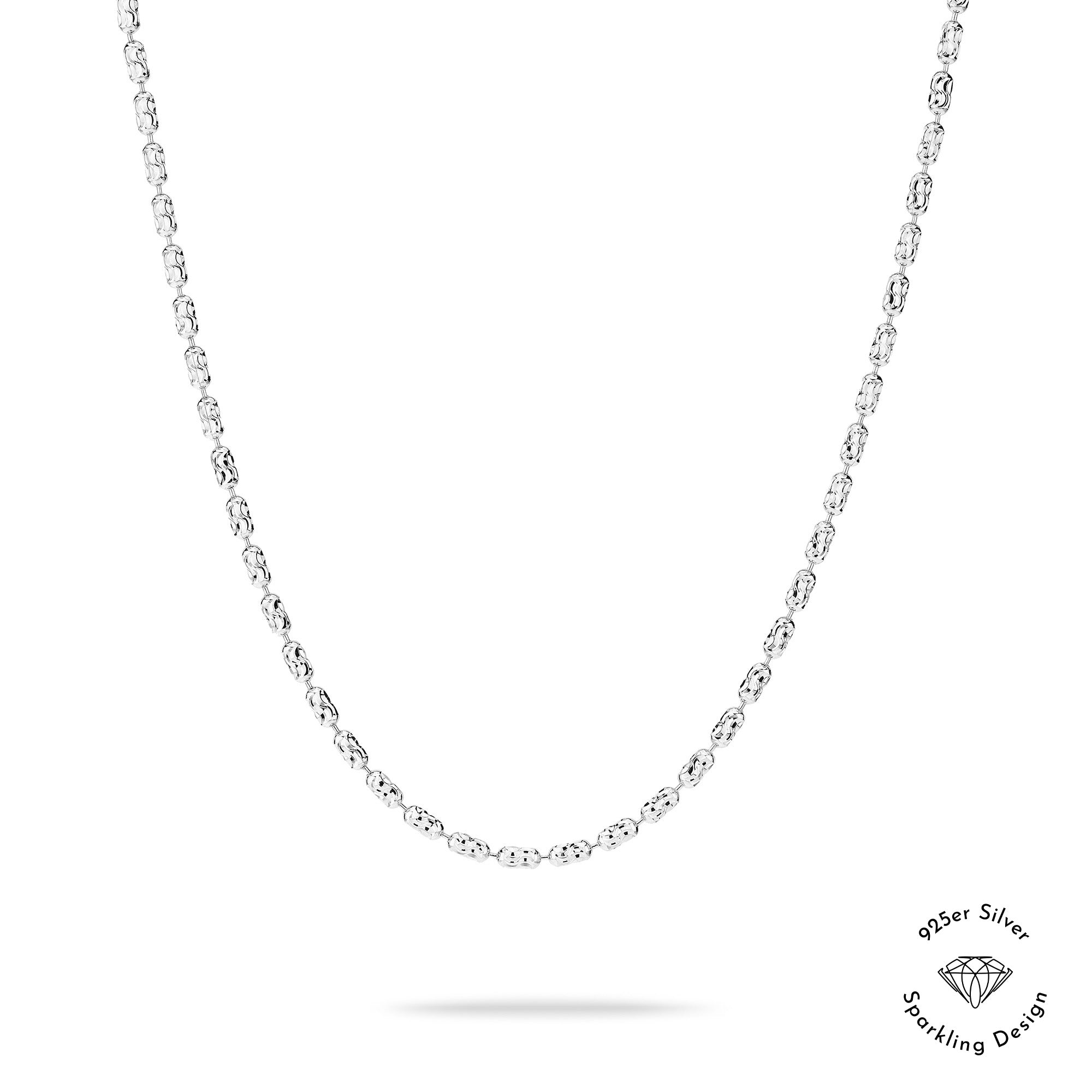 Echtzeit Halskette - The Glitter One von Echtzeit auf weißem Hintergrund, mit ovalen Gliedern und einem 925er Sterling Silber Logo in der Ecke.