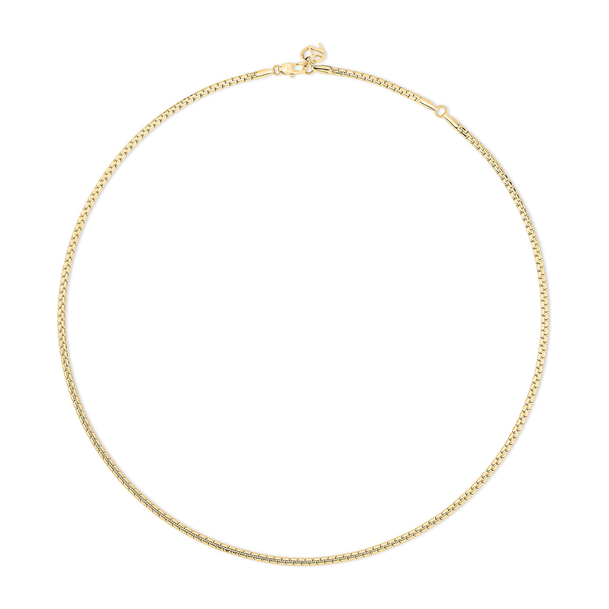 Die Echtzeit Halskette - The Sleek One von Echtzeit ist eine dünne goldene Halskette mit einem einfachen Verschluss, ideal für schicke Lagenlooks und auf weißem Hintergrund.