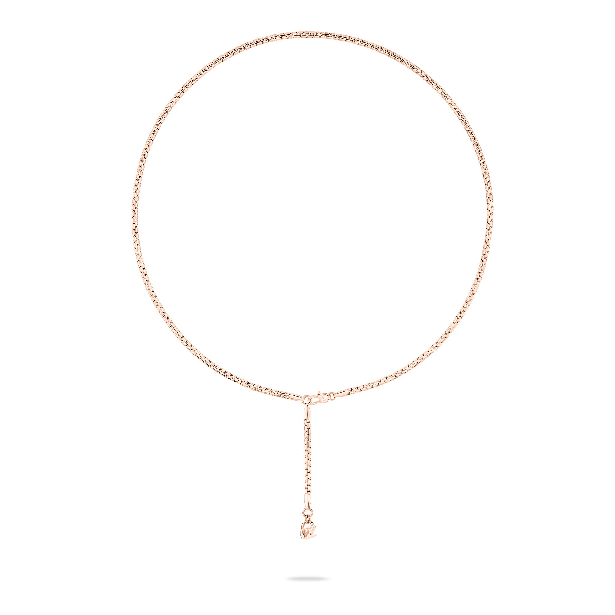 Die Echtzeit Halskette - The Sleek One von Echtzeit ist eine zarte roségoldene Halskette mit einer baumelnden vertikalen Kette und einem kleinen Anhänger, die sich perfekt zum Übereinanderlegen eignet und auf weißem Hintergrund abgebildet ist.