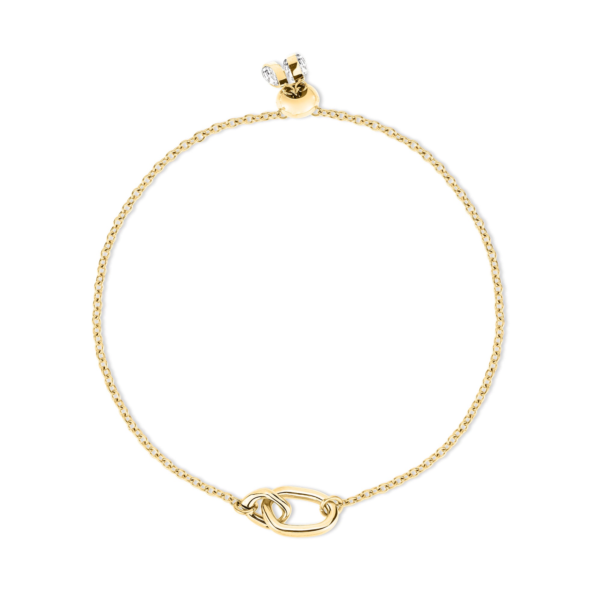 Das Echtzeit Armband - Like Diamonds von Echtzeit ist ein zartes goldenes Kettenarmband mit einem verschlungenen Schlaufenmotiv und einem kleinen Verschluss, der mit zwei funkelnden Steinen verziert ist, inspiriert von unendlichem Schmuckdesign.