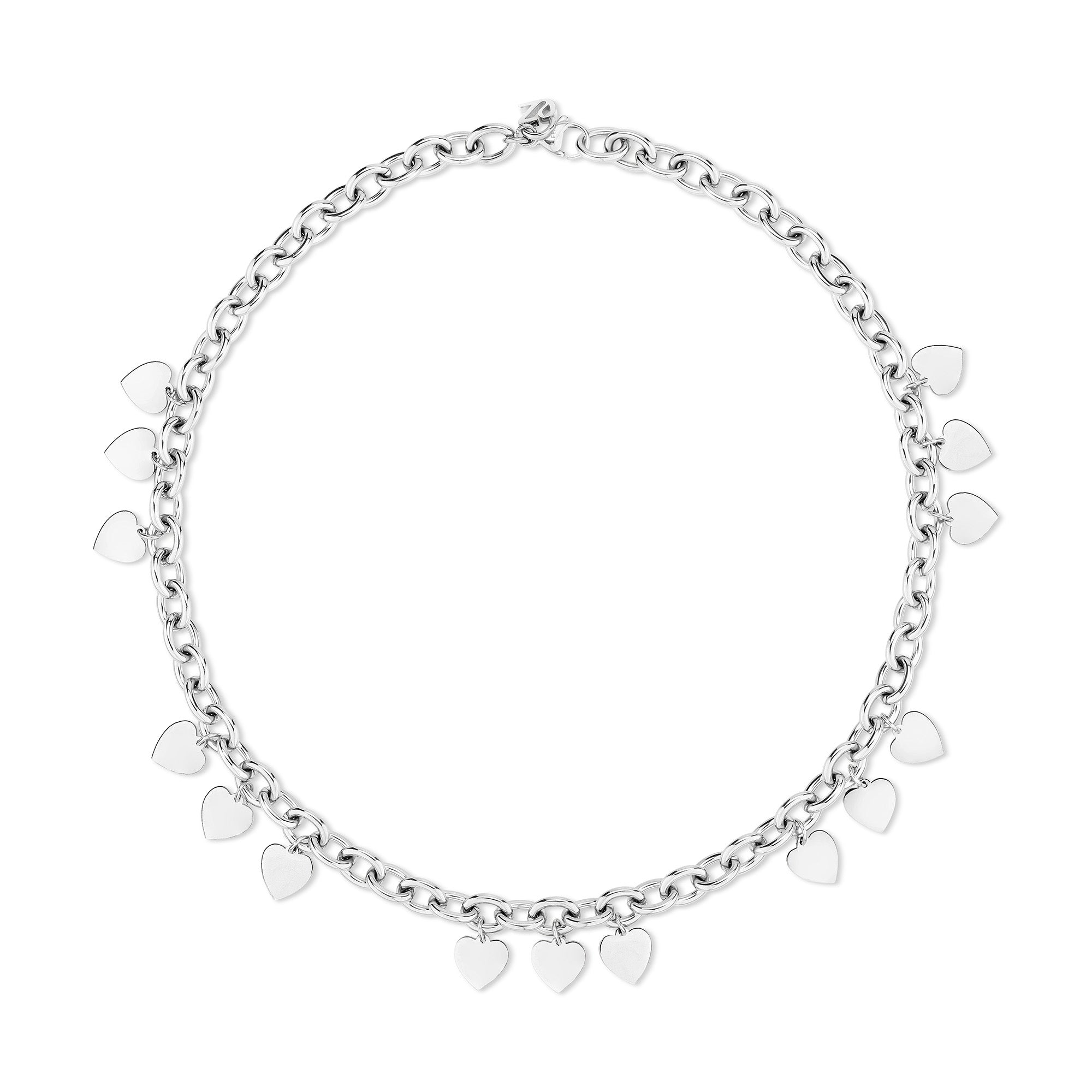 Die Echtzeit Halskette - Endless Love von Echtzeit zeigt eine silberne Gliederkette mit kleinen Herzanhängern in gleichmäßigen Abständen auf weißem Hintergrund.