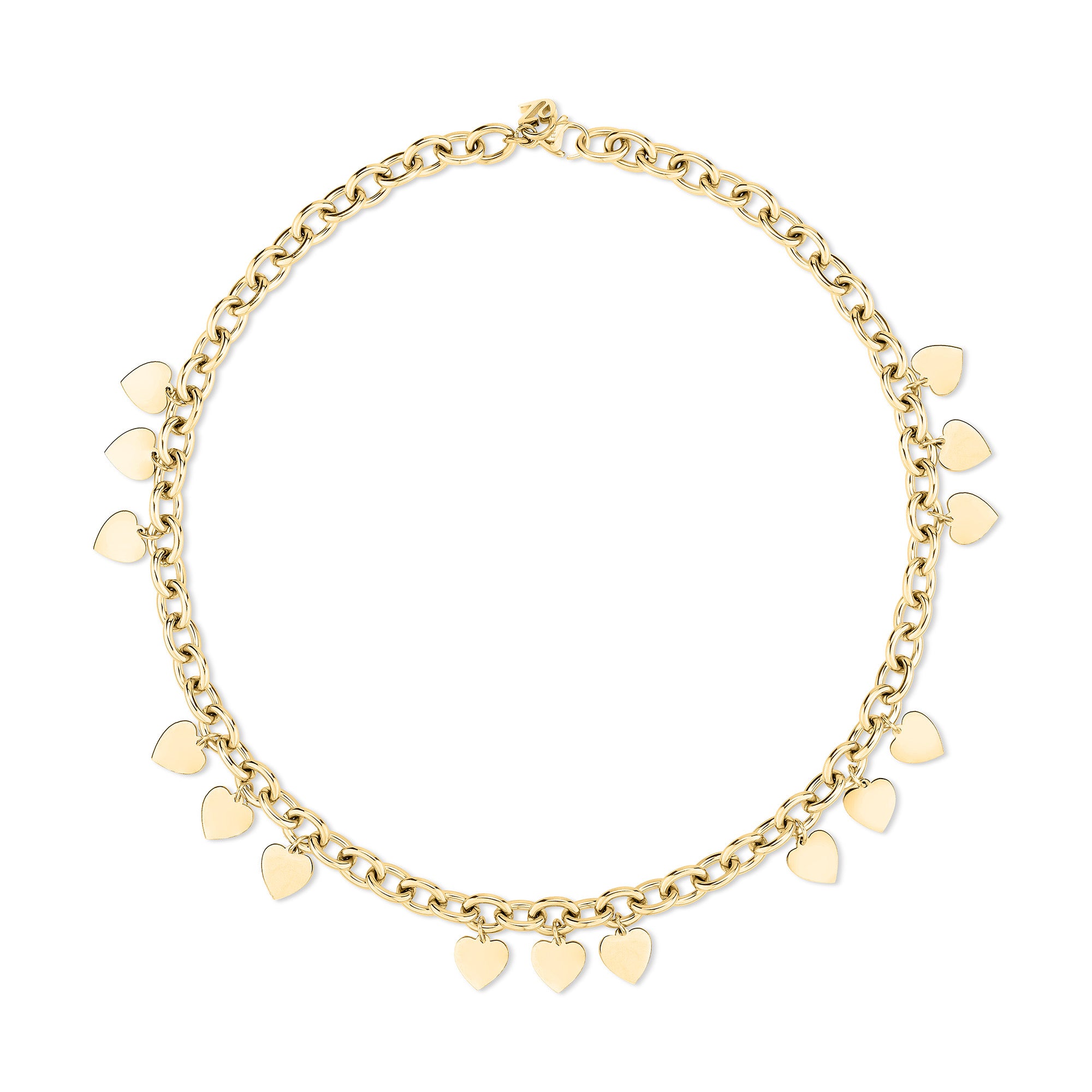 Die Echtzeit Halskette - Endless Love von Echtzeit besteht aus einer goldenen Gliederkette, die mit kleinen, gleichmäßig verteilten herzförmigen Anhängern verziert ist und einen zeitlos romantischen Look bietet.