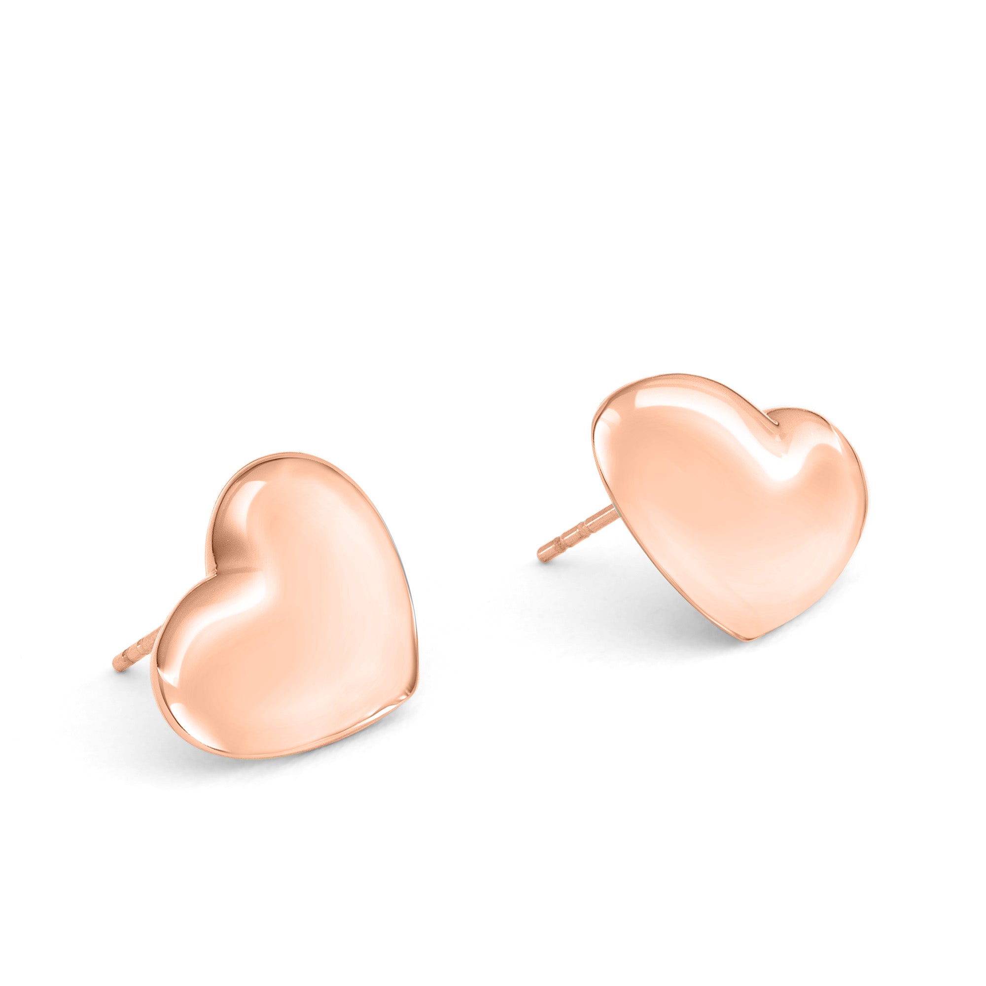 Der Echtzeit Ohrstecker - Puffy Heart von Echtzeit ist ein roségoldener, herzförmiger Ohrstecker mit glatter, glänzender Oberfläche, der jedem Look eine zeitlose Eleganz und einen romantischen Touch verleiht; dargestellt auf weißem Hintergrund.