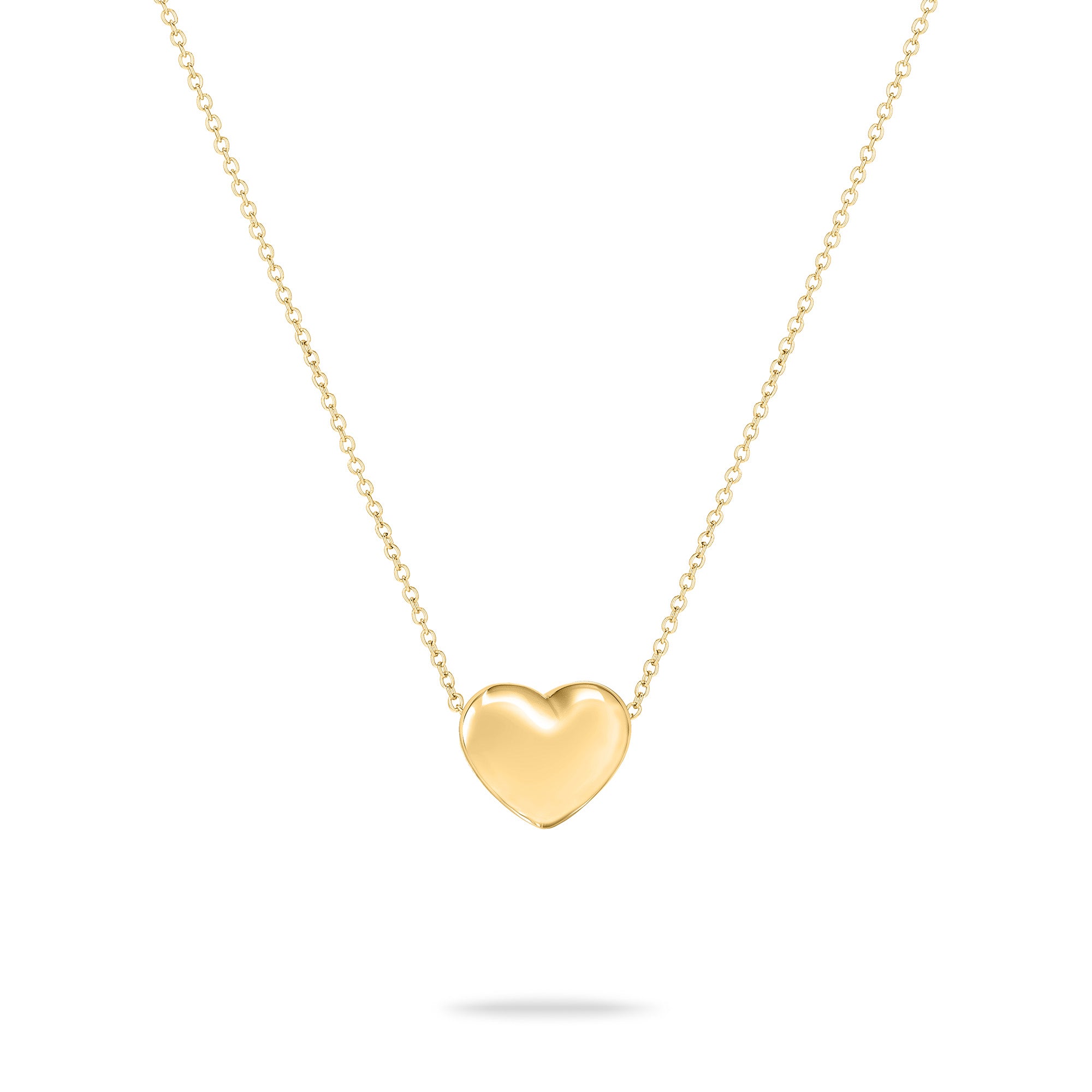 Zeitloses Accessoire: Die Echtzeit Halskette - Puffy Heart von Echtzeit aus Gold mit schlichtem Herzanhänger an feiner Kette, präsentiert auf weißem Hintergrund.