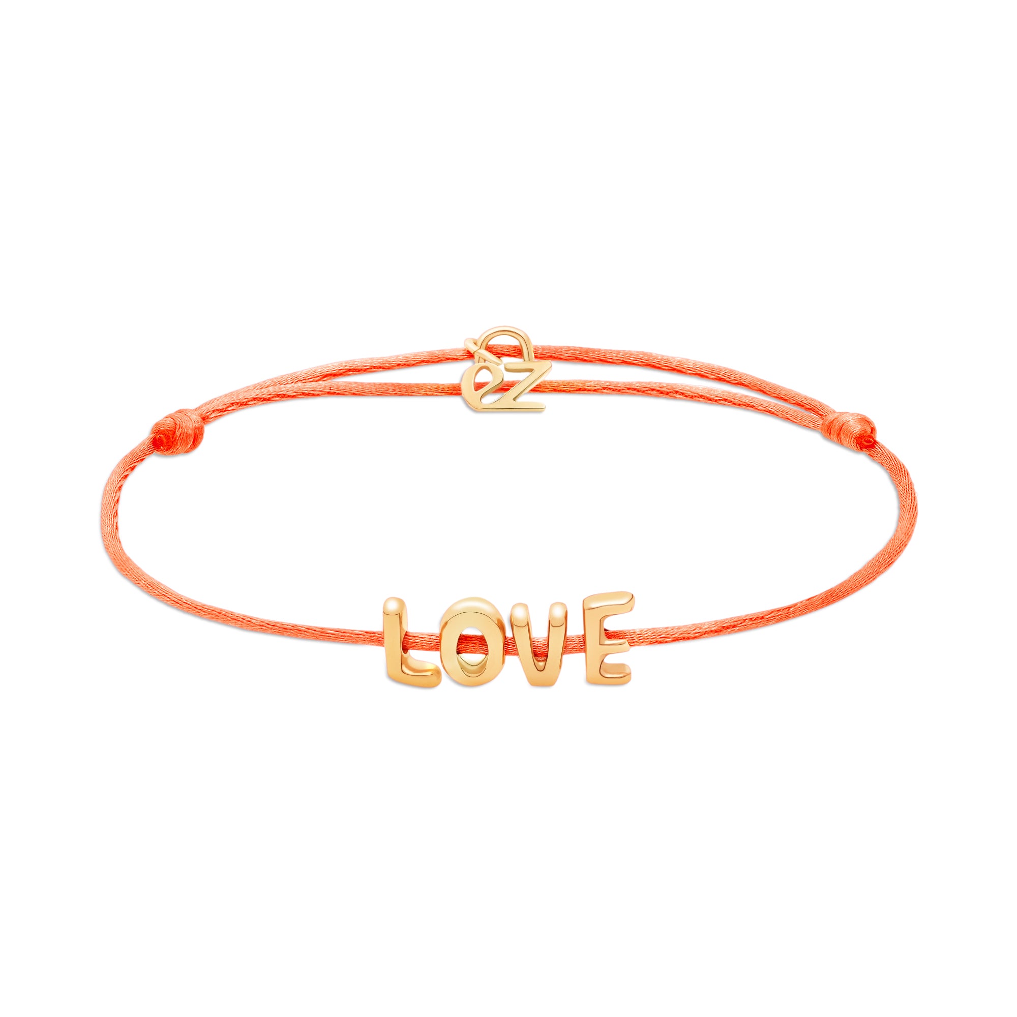 Echtzeit Armband - Love Letters: Oranges Stoffband-Armband von Echtzeit mit goldenen LOVE-Buchstaben und kleinem &-Charm.