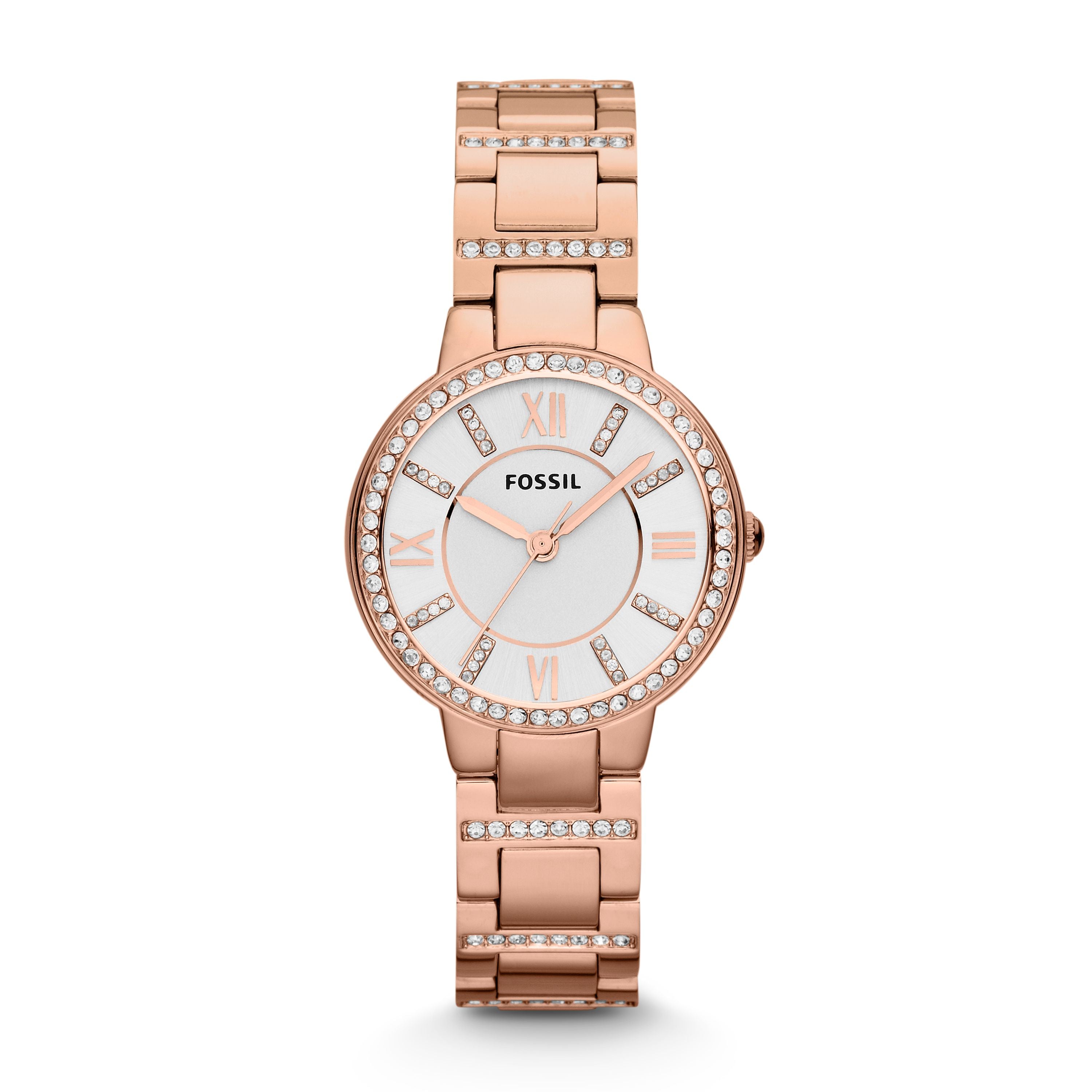 Fossil Armbanduhr - The Rose Stones: Elegante Damenuhr in Roségold mit römischen Ziffern und Kristallen am Gehäuse und Armband - ein stilvolles Geschenk für jeden Anlass.