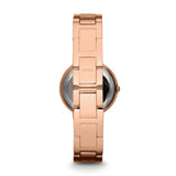 Die Fossil Armbanduhr - The Rose Stones von Fossil wird von der Rückseite gezeigt und hebt ihr elegantes rechteckiges Edelstahl-Gliederarmband hervor - ein ideales Geschenk für jeden Anlass.