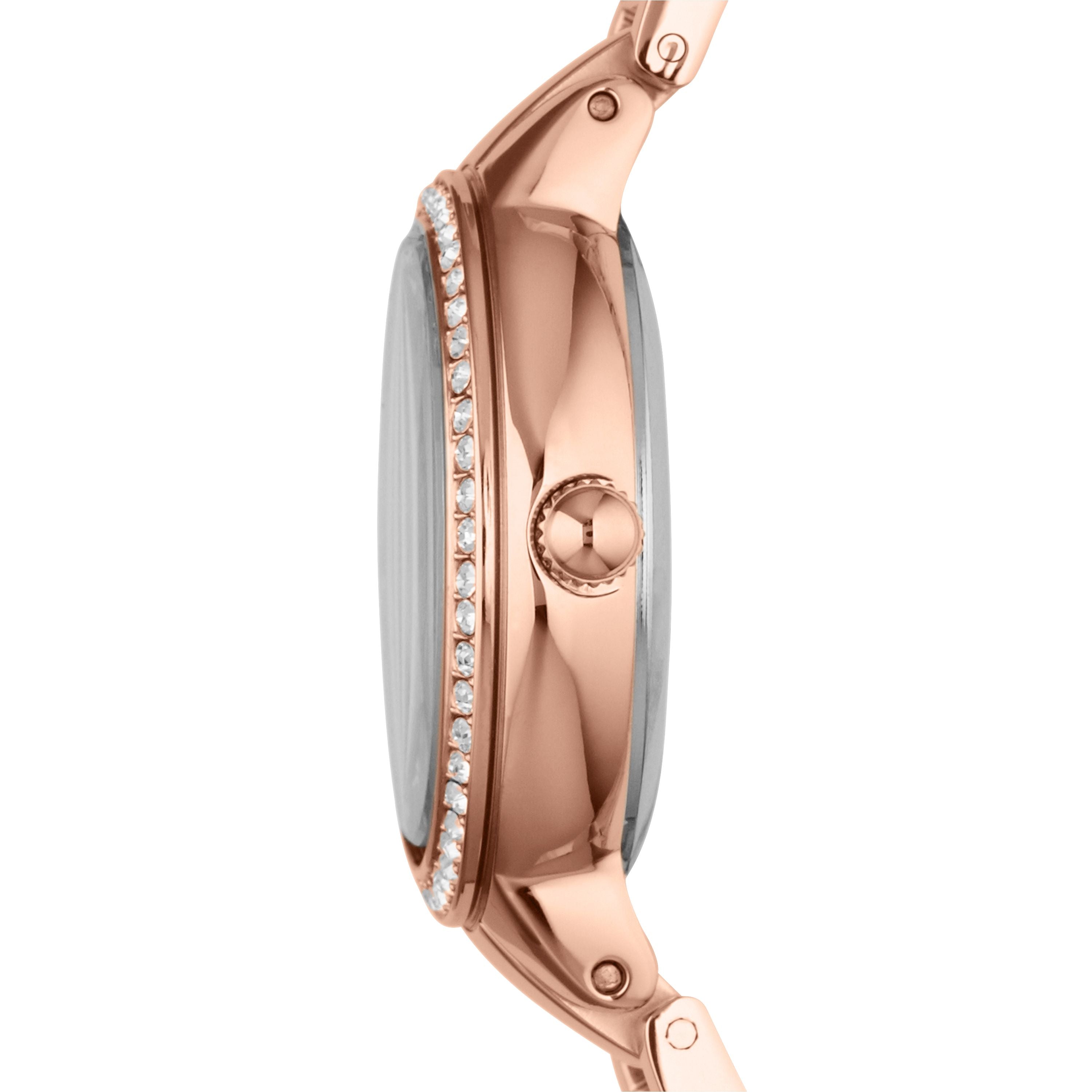 Seitenansicht der Fossil Armbanduhr - The Rose Stones: eine roségoldene Damenuhr von Fossil mit Diamantakzenten und einem eleganten Edelstahlband - perfekt als luxuriöses Geschenk.