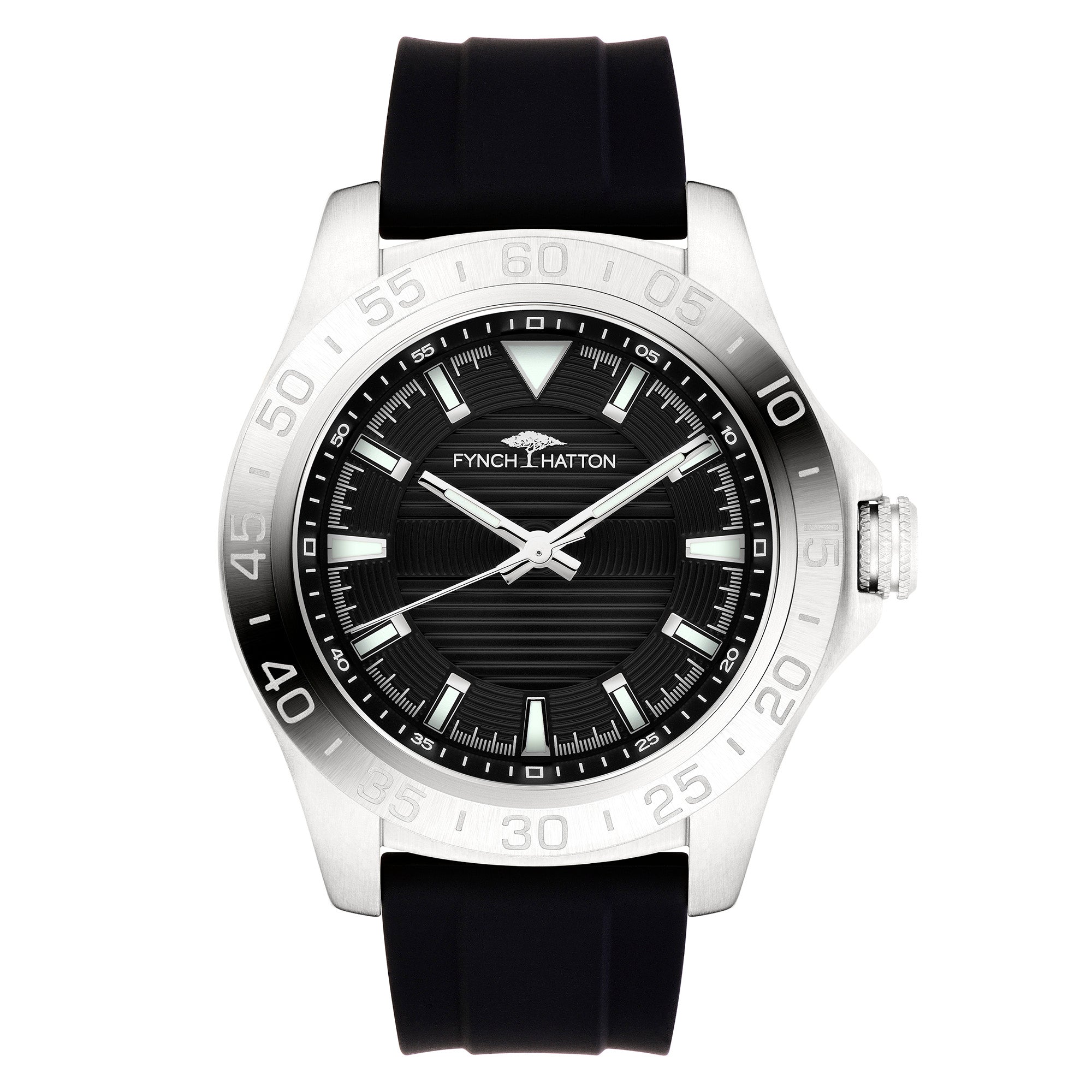 Die Fynch-Hatton Armbanduhr - The Elegant Silicone verfügt über ein silbernes Gehäuse, ein schwarzes Zifferblatt und ein auffälliges Silikonarmband, das vor einem weißen Hintergrund abgebildet ist.