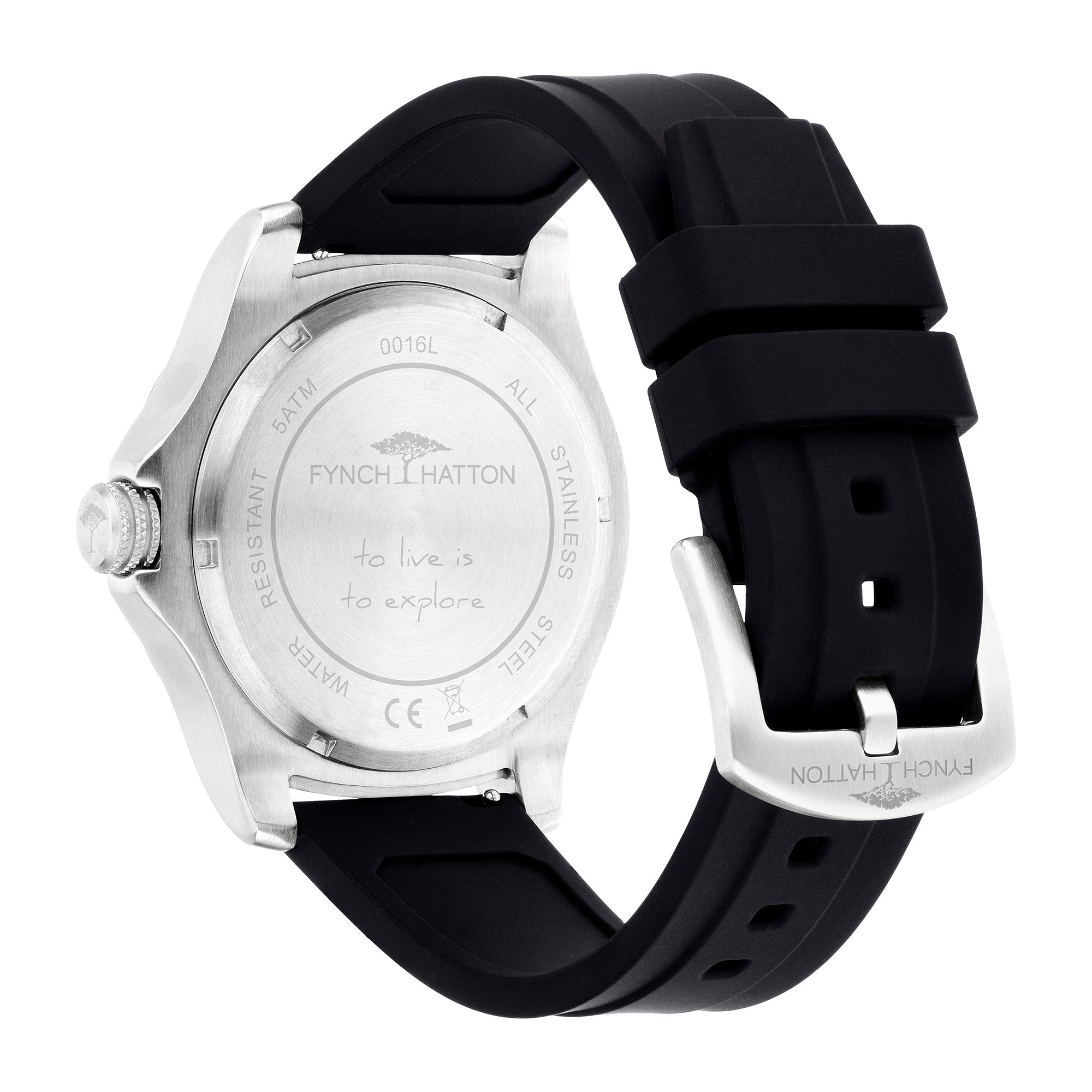 Rückansicht der Fynch-Hatton Armbanduhr - The Elegant Silicone mit schwarzem Silikonarmband und graviertem Edelstahlgehäuse - ein wahrhaft stilvoller Blickfang von Fynch-Hatton.