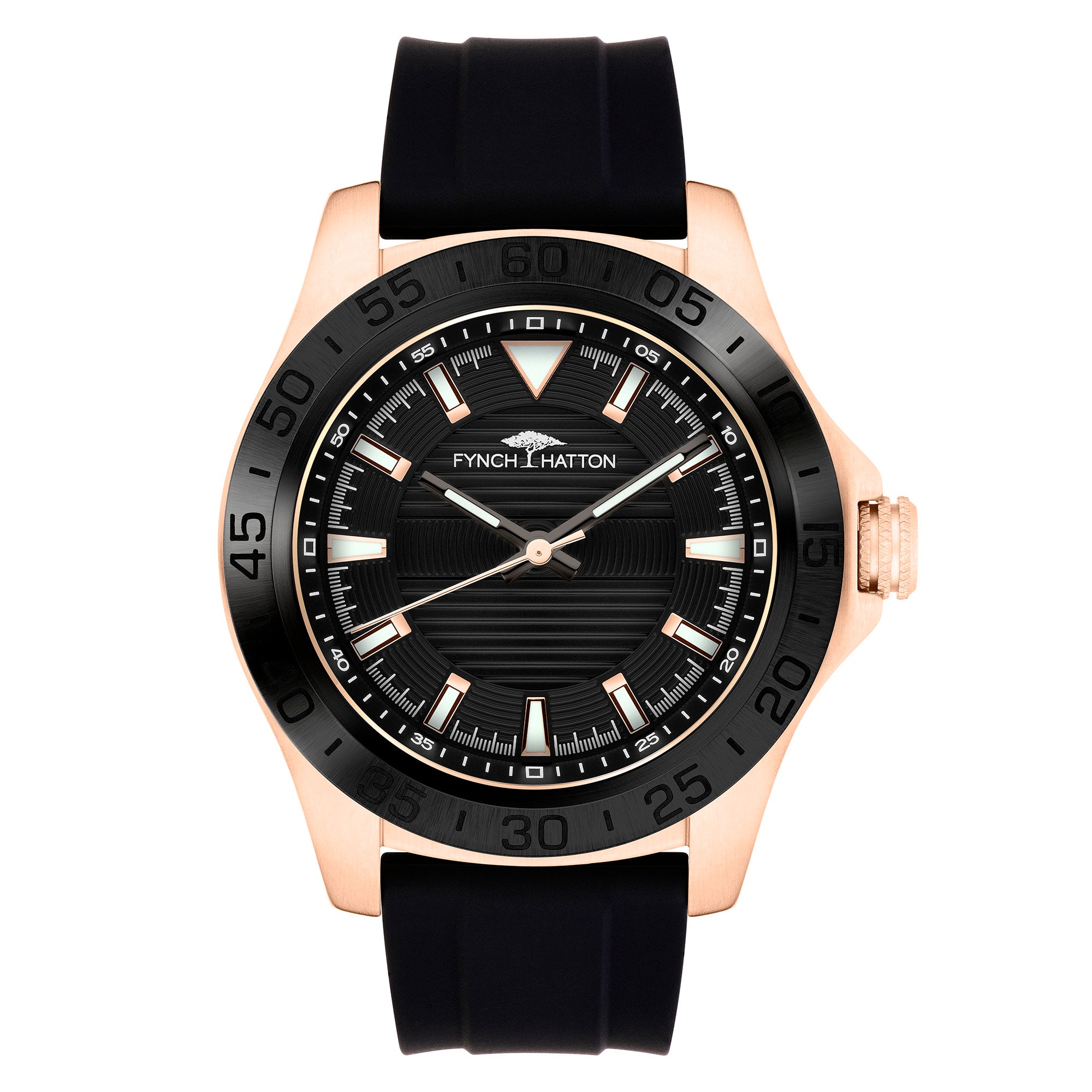 Die Fynch-Hatton Armbanduhr - The Elegant Silicone verfügt über ein schwarz-goldenes rundes Zifferblatt, das auf 10:08 eingestellt ist, gepaart mit einem stilvollen und bequemen schwarzen Silikonarmband.