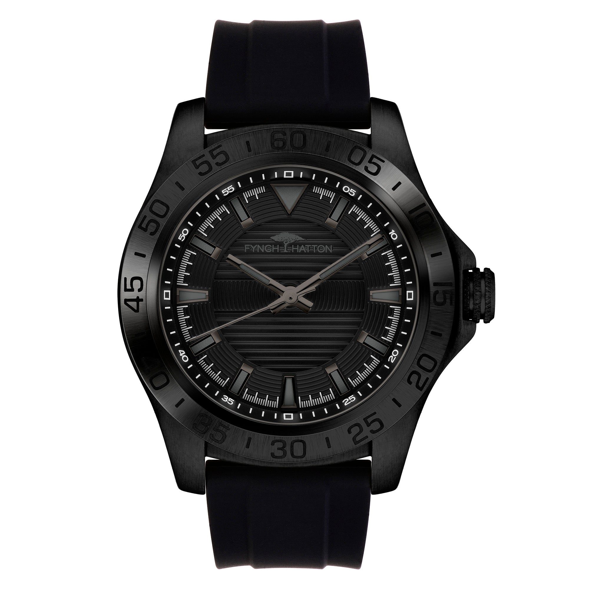 Die Fynch-Hatton Armbanduhr - The All Black Silicone verfügt über ein schwarzes Silikonarmband, eine schwarze Lünette und ein strukturiertes schwarzes Zifferblatt mit weißen Markierungen.