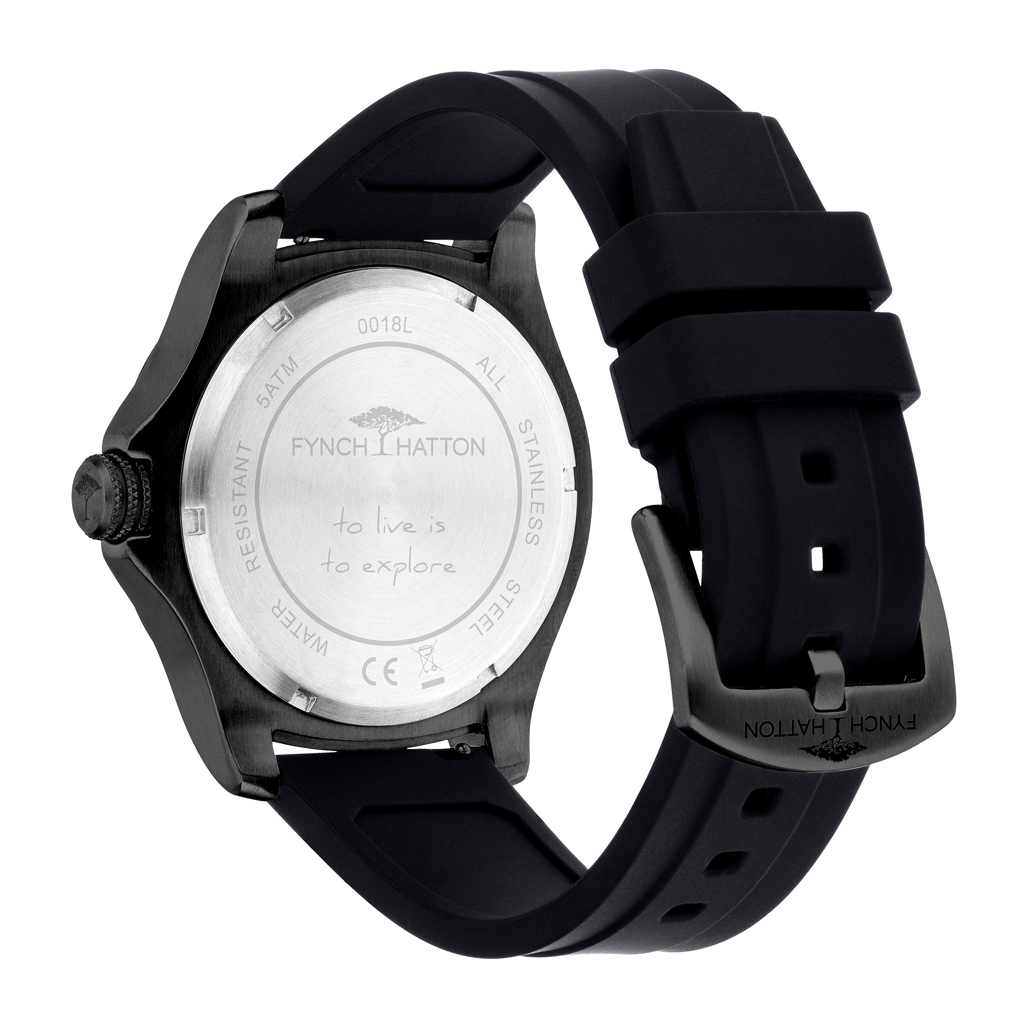 Rückansicht der Fynch-Hatton Armbanduhr - The All Black Silicone von Fynch-Hatton, mit schwarzem Silikonarmband und eingravierter Botschaft: "Leben heißt erforschen.
