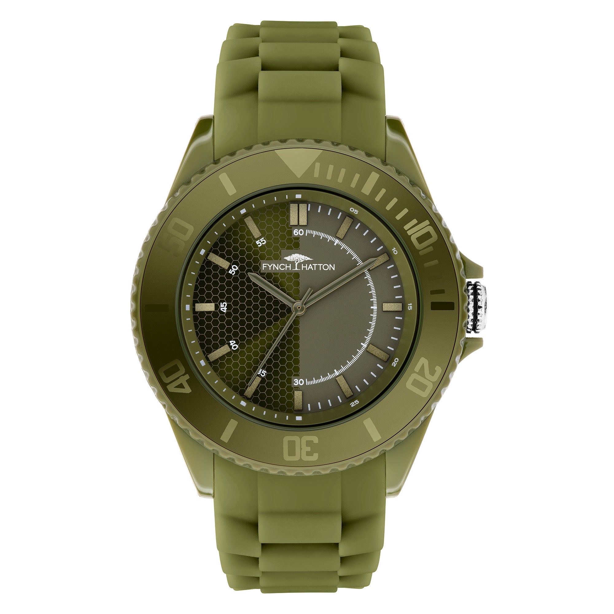 Fynch-Hatton Armbanduhr - The Green Silicone: Olivgrüne Armbanduhr mit strukturiertem Zifferblatt, weißen Markierungen und sportlichem Silikonarmband, von vorne gesehen. Marke: Fynch-Hatton.