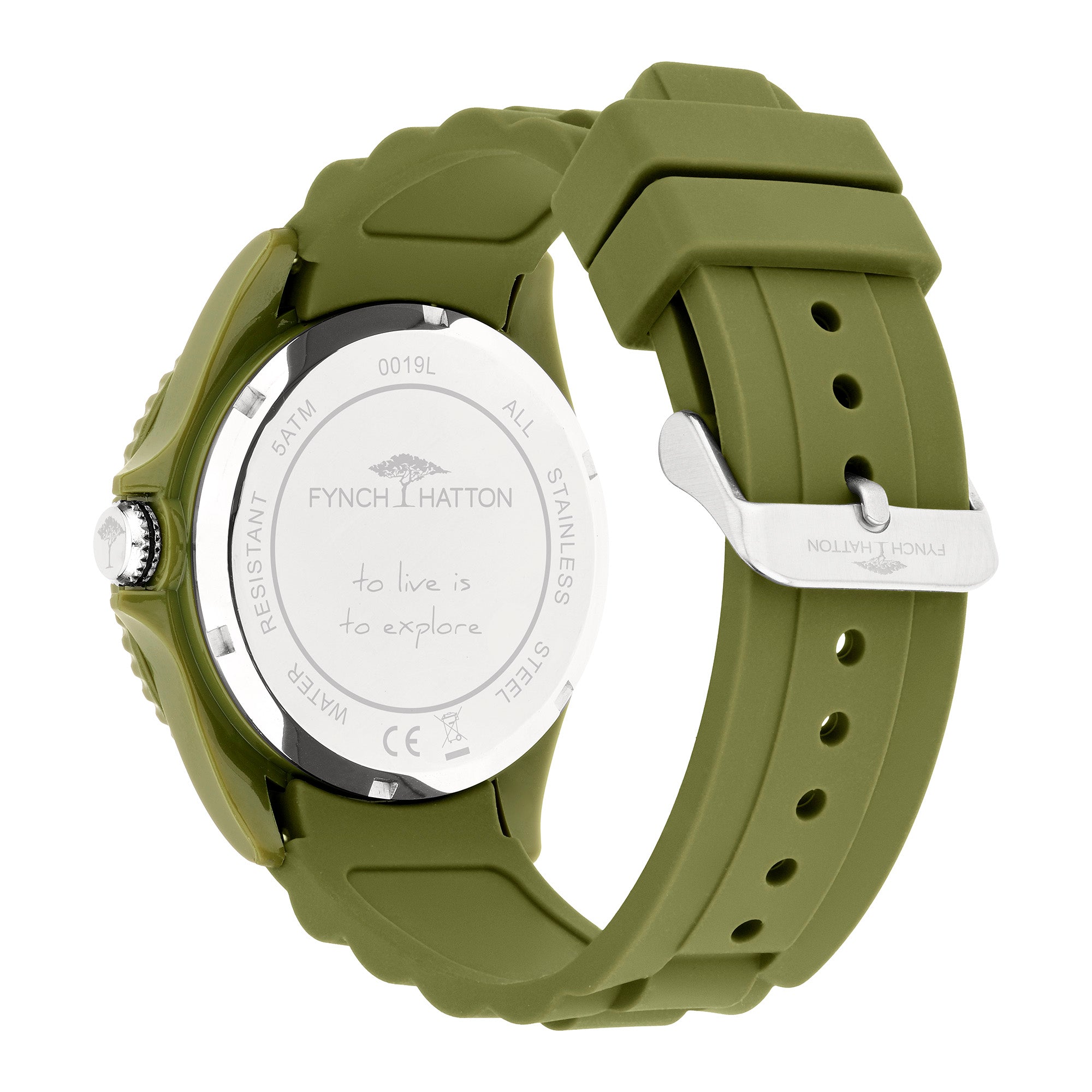 Bei der Fynch-Hatton Armbanduhr - The Green Silicone ist auf der Rückseite des sportlichen grünen Silikongehäuses "to live is to explore" eingraviert.