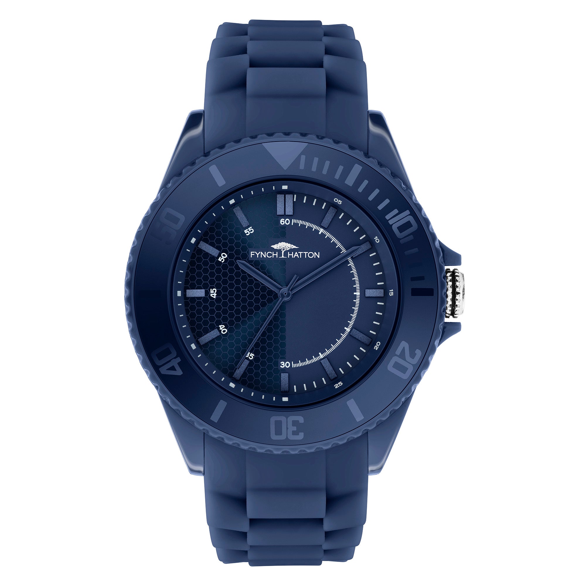 Die Fynch-Hatton Armbanduhr - The Blue Silicone verfügt über ein sportliches blaues Silikonarmband, ein rundes Zifferblatt, ein minimalistisches modernes Design und ein zuverlässiges Quarzwerk von Fynch-Hatton.