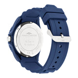 Rückansicht der Fynch-Hatton Armbanduhr - The Blue Silicone, mit der Gravur "to live is to explore" auf dem Edelstahlgehäuse und einem sportlichen blauen Silikonarmband.