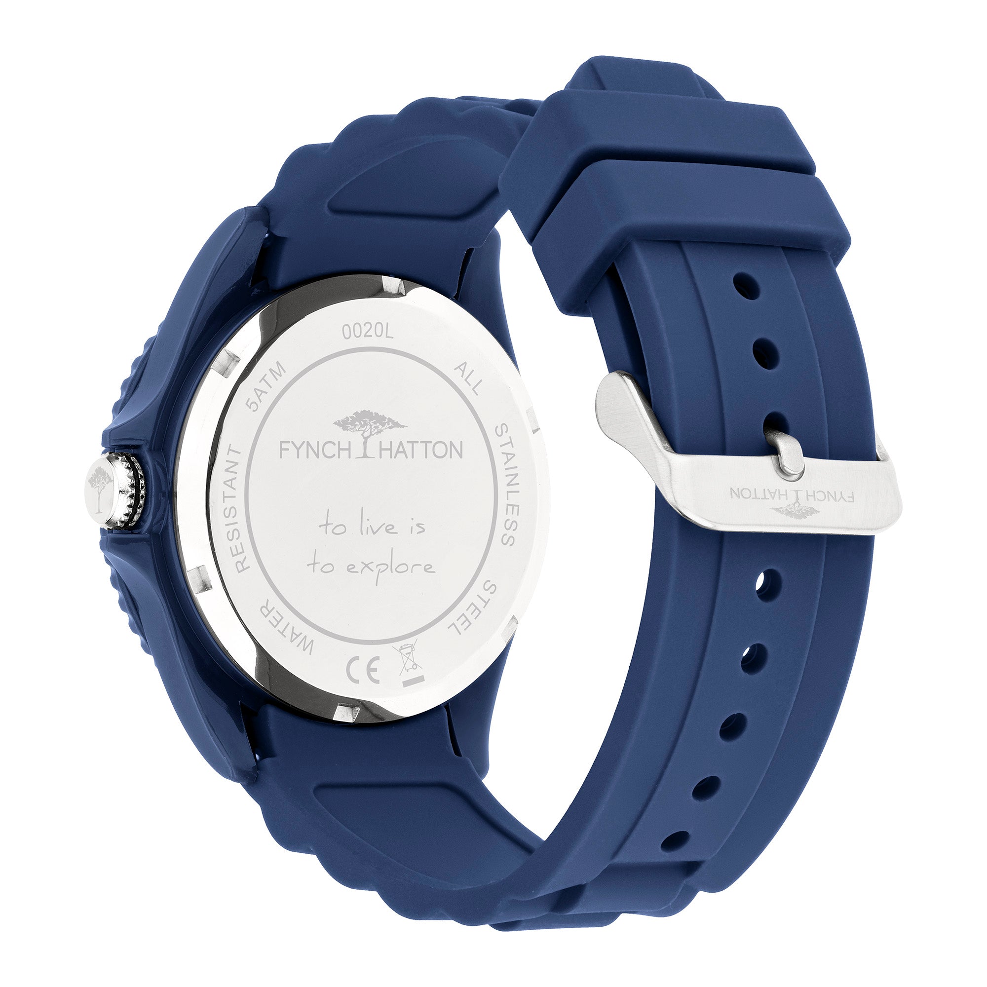 Rückansicht der Fynch-Hatton Armbanduhr - The Blue Silicone, mit der Gravur "to live is to explore" auf dem Edelstahlgehäuse und einem sportlichen blauen Silikonarmband.