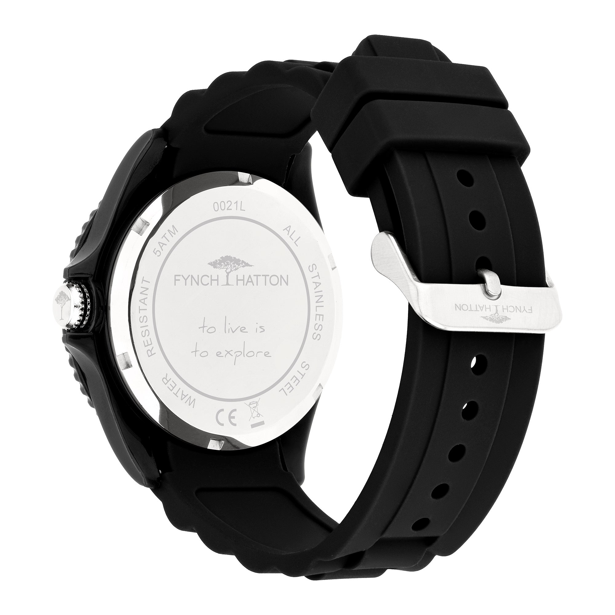 Die Fynch-Hatton Armbanduhr - The Black Silicone verfügt über ein Quarzwerk und eine Rückseite aus Edelstahl mit der Gravur "to live is to explore" und dem Fynch-Hatton Schriftzug.