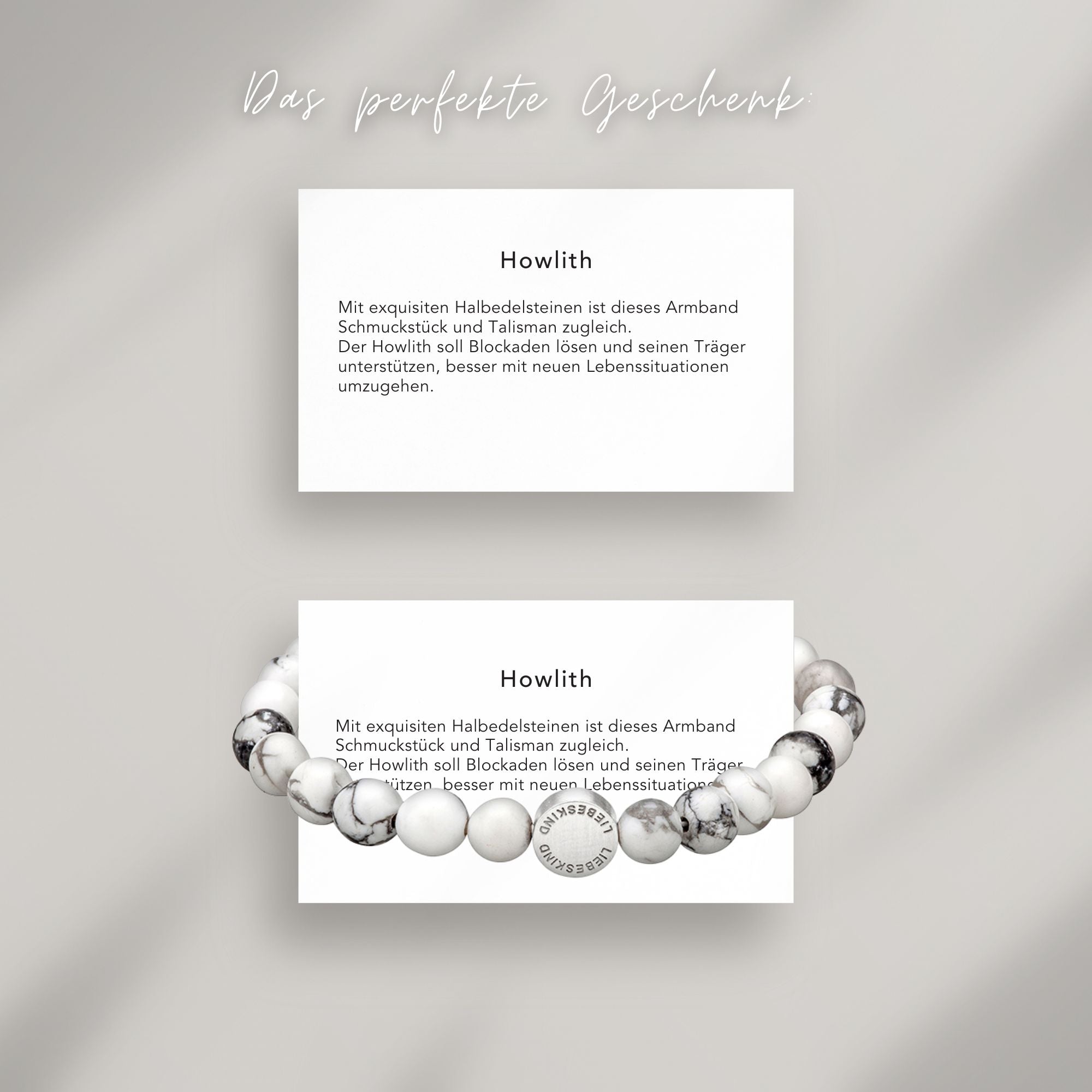 Howlith Beads Armband auf Karte, die die Bedeutung der Halbedelsteine erklärt: