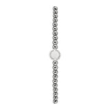 Das LIEBESKIND BERLIN Beads - The Simple Steel Damenarmband von Liebeskind Berlin aus Edelstahl mit rundem graviertem Anhänger, minimalistisch gestaltet, ist vertikal auf weißem Hintergrund präsentiert.