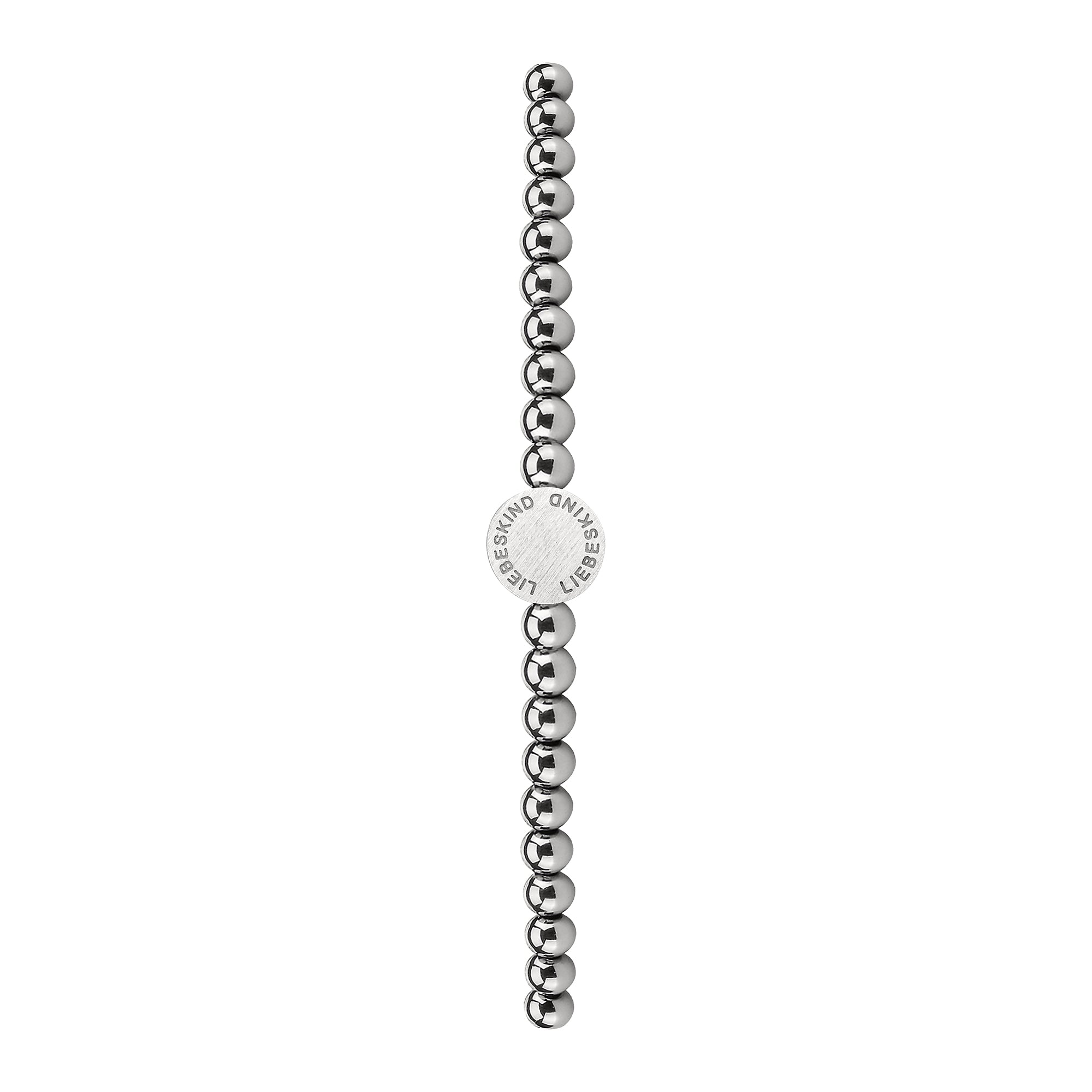 Das LIEBESKIND BERLIN Beads - The Simple Steel Damenarmband von Liebeskind Berlin aus Edelstahl mit rundem graviertem Anhänger, minimalistisch gestaltet, ist vertikal auf weißem Hintergrund präsentiert.