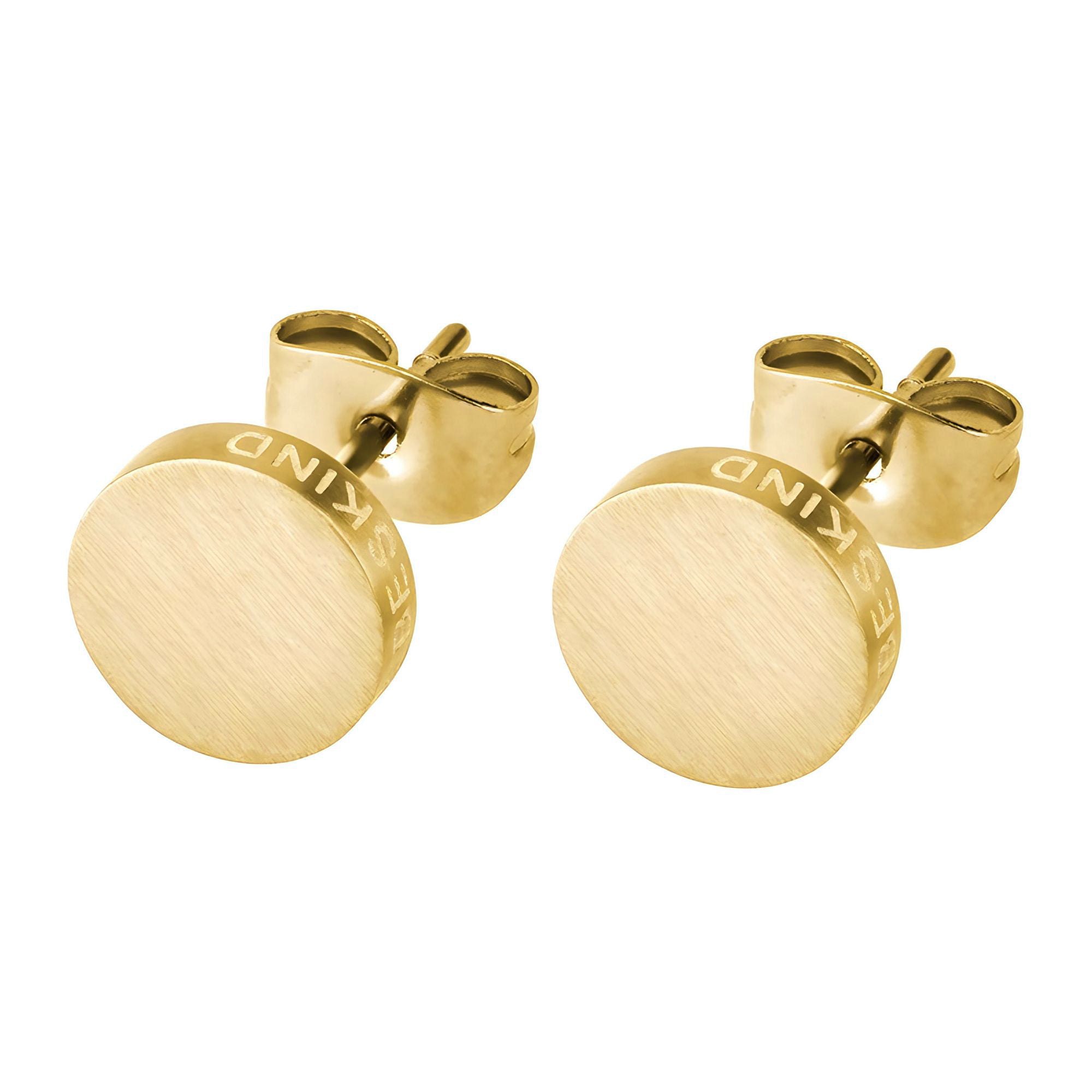 Runde goldene Ohrstecker mit gebürstetem Finish und gravierten Kanten aus der Kollektion LIEBESKIND BERLIN Ohrstecker - The Iconic Geometric von Liebeskind Berlin.