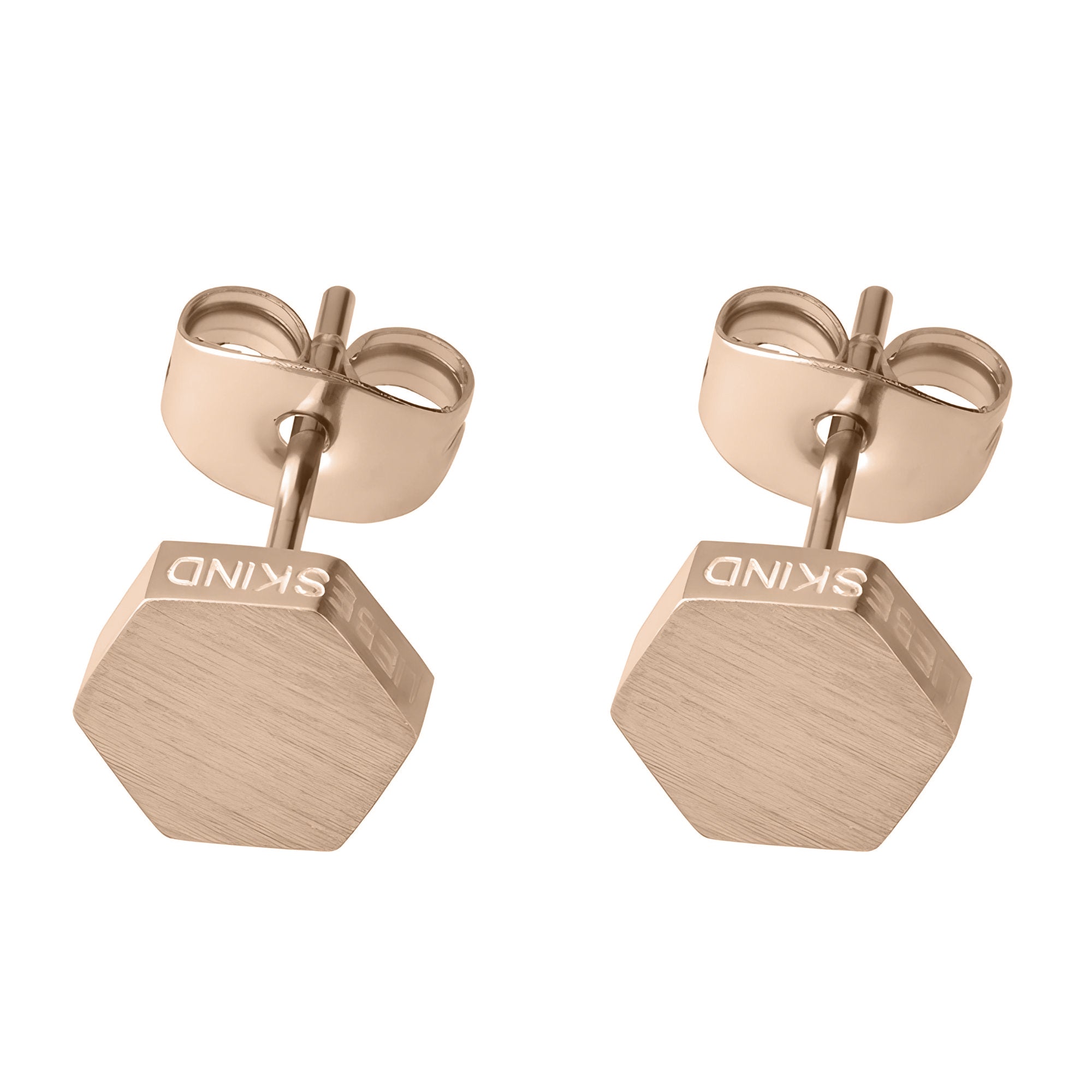 LIEBESKIND BERLIN Ohrstecker - Der ikonische Geometrische: Sechseckige Ohrstecker aus Roségold mit gebürstetem Finish und SKIND-Gravur an den Seiten von Liebeskind Berlin.