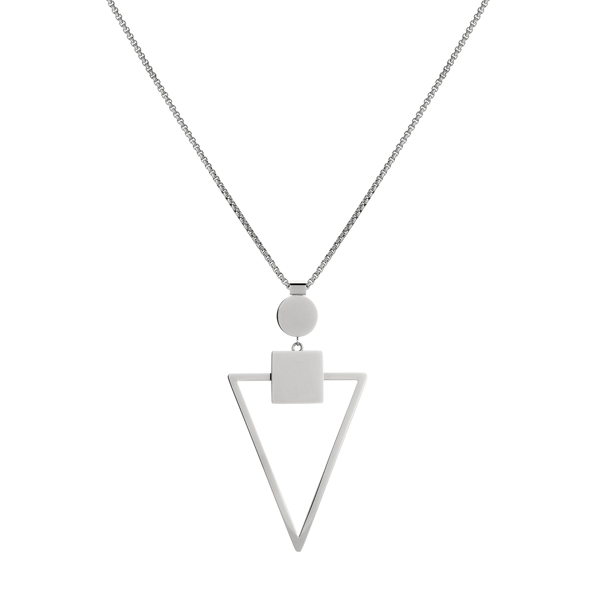 Die LIEBESKIND BERLIN Halskette - The Geometric von Liebeskind Berlin überzeugt im 70ies Look mit poliertem Edelstahl und Kreis-, Quadrat- sowie großem offenem Dreieck-Anhänger an einer filigranen Kette.