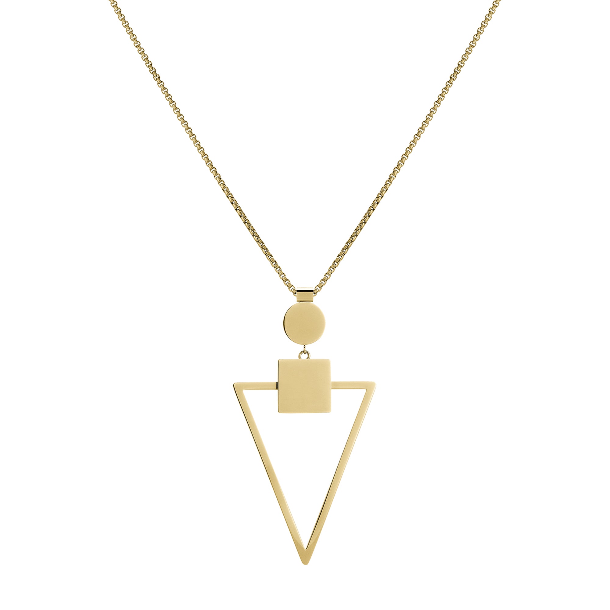 The LIEBESKIND BERLIN Halskette – The Geometric is a long gold necklace with a smooth, minimalist design featuring a polished stainless steel chain and pendant with circle, square, and open triangle shapes for a subtle 70s look.