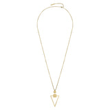 LIEBESKIND BERLIN Halskette – The Geometric: Gold necklace with a thin chain and a pendant of a small circle above an inverted open triangle, shown on a plain white background.