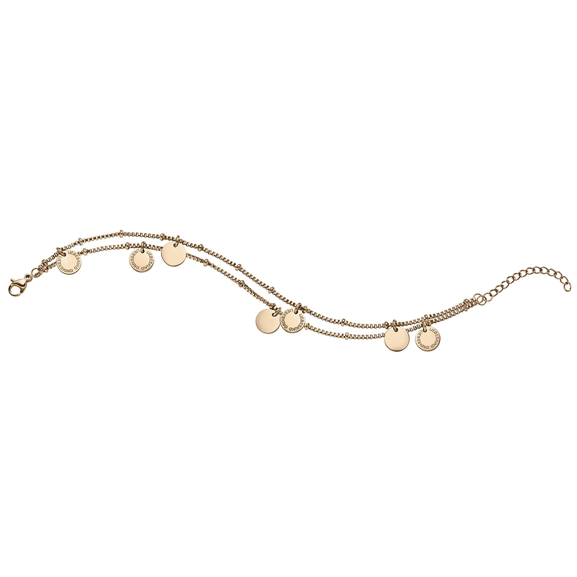 Liebeskind Berlin Armband bestehend aus einer doppelreihigen, roségoldenen Venezianerkette und kleinen, runden Edelstahlplättchen; Zusatzbild