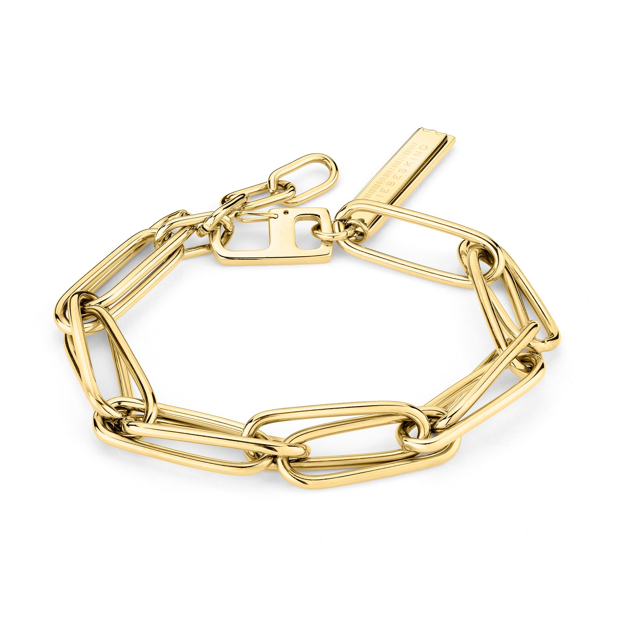 Das LIEBESKIND BERLIN Armband - Special Link besteht aus großen rechteckigen Gliedern, einem Verschluss und einem eingravierten Anhänger, inspiriert von Liebeskind Berlins charakteristischem Gliederketten-Stil.
