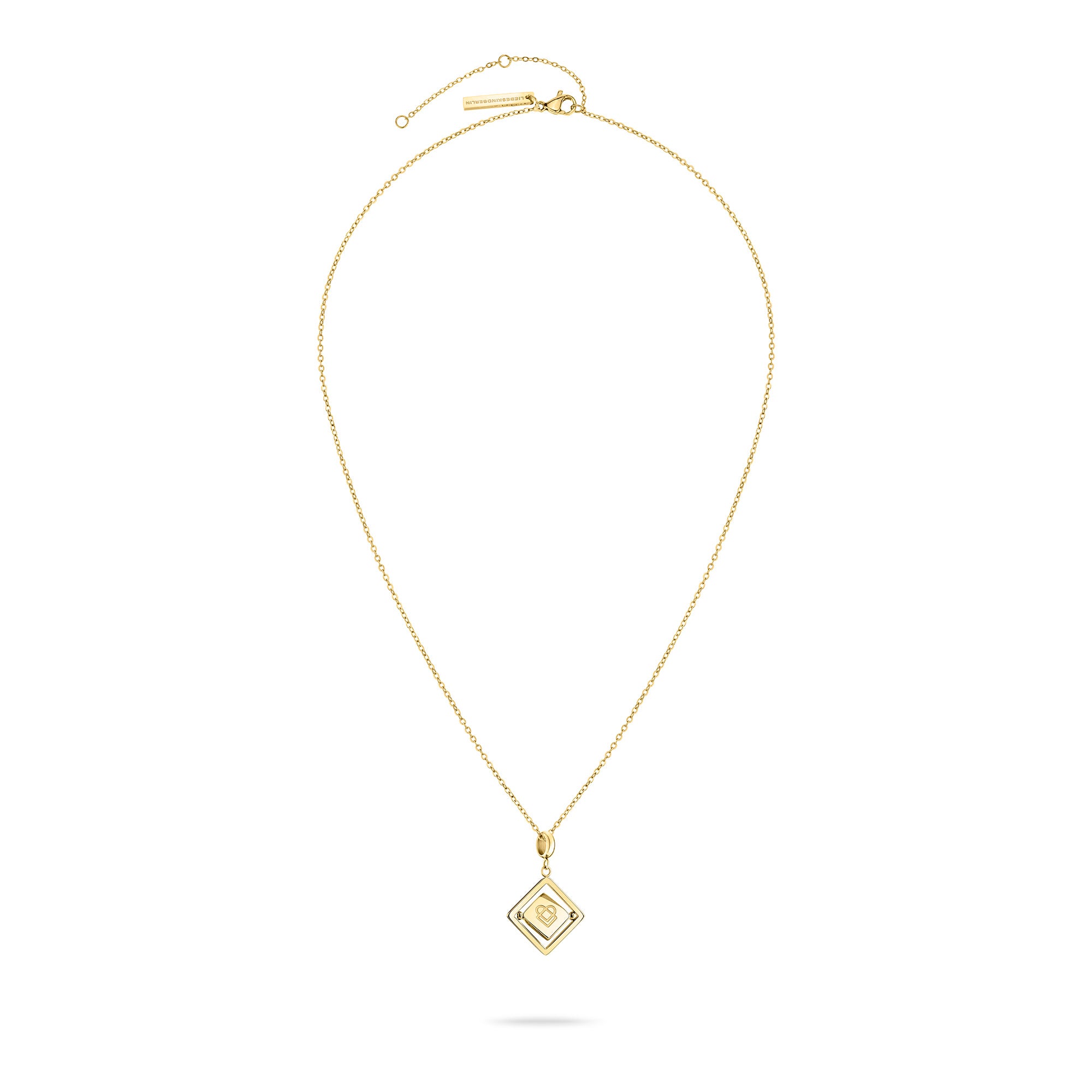 Liebeskind Berlin Halskette bestehend aus einer goldenen Ankerkette und einem drehbaren Anhänger mit graviertem Logo auf der einen und graviertem Logoschriftzug auf der anderen Seite; Produktbild