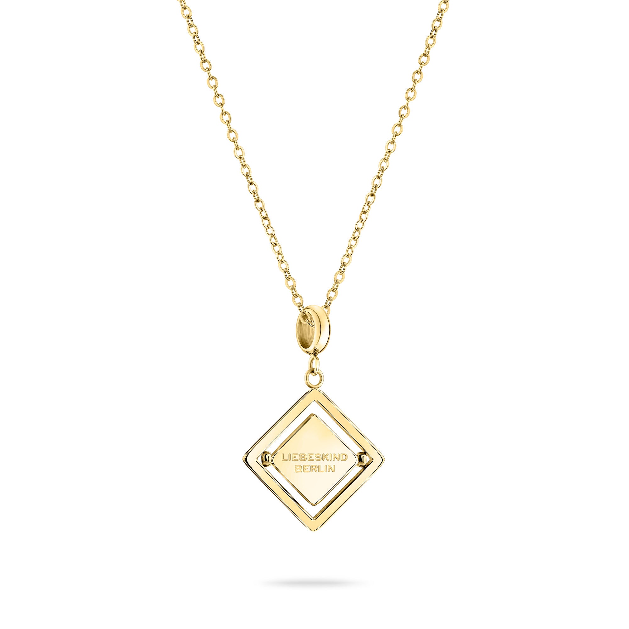 Liebeskind Berlin Halskette bestehend aus einer goldenen Ankerkette und einem drehbaren Anhänger mit graviertem Logo auf der einen und graviertem Logoschriftzug auf der anderen Seite; Produktbild