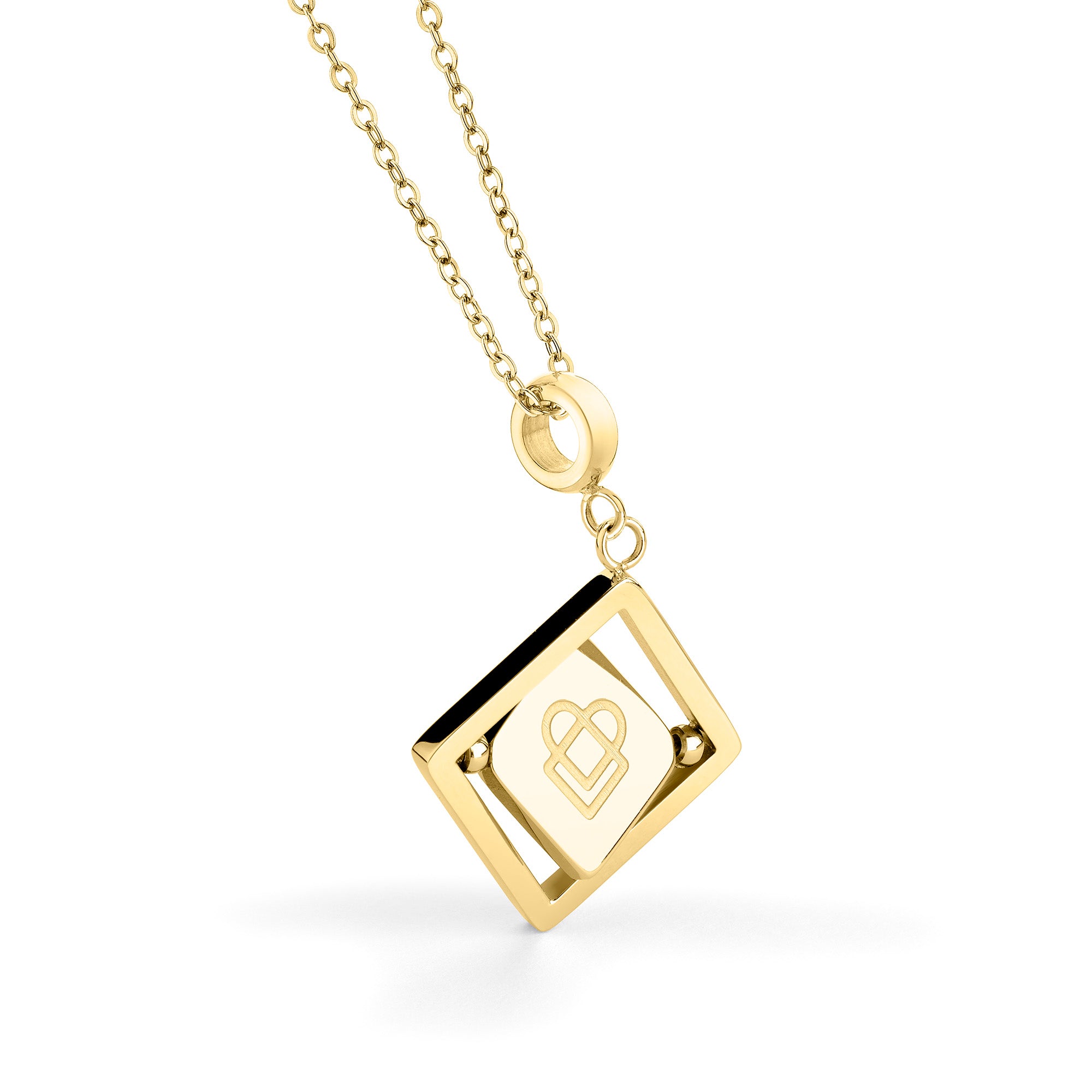 Liebeskind Berlin Halskette bestehend aus einer goldenen Ankerkette und einem drehbaren Anhänger mit graviertem Logo auf der einen und graviertem Logoschriftzug auf der anderen Seite; Zusatzbild