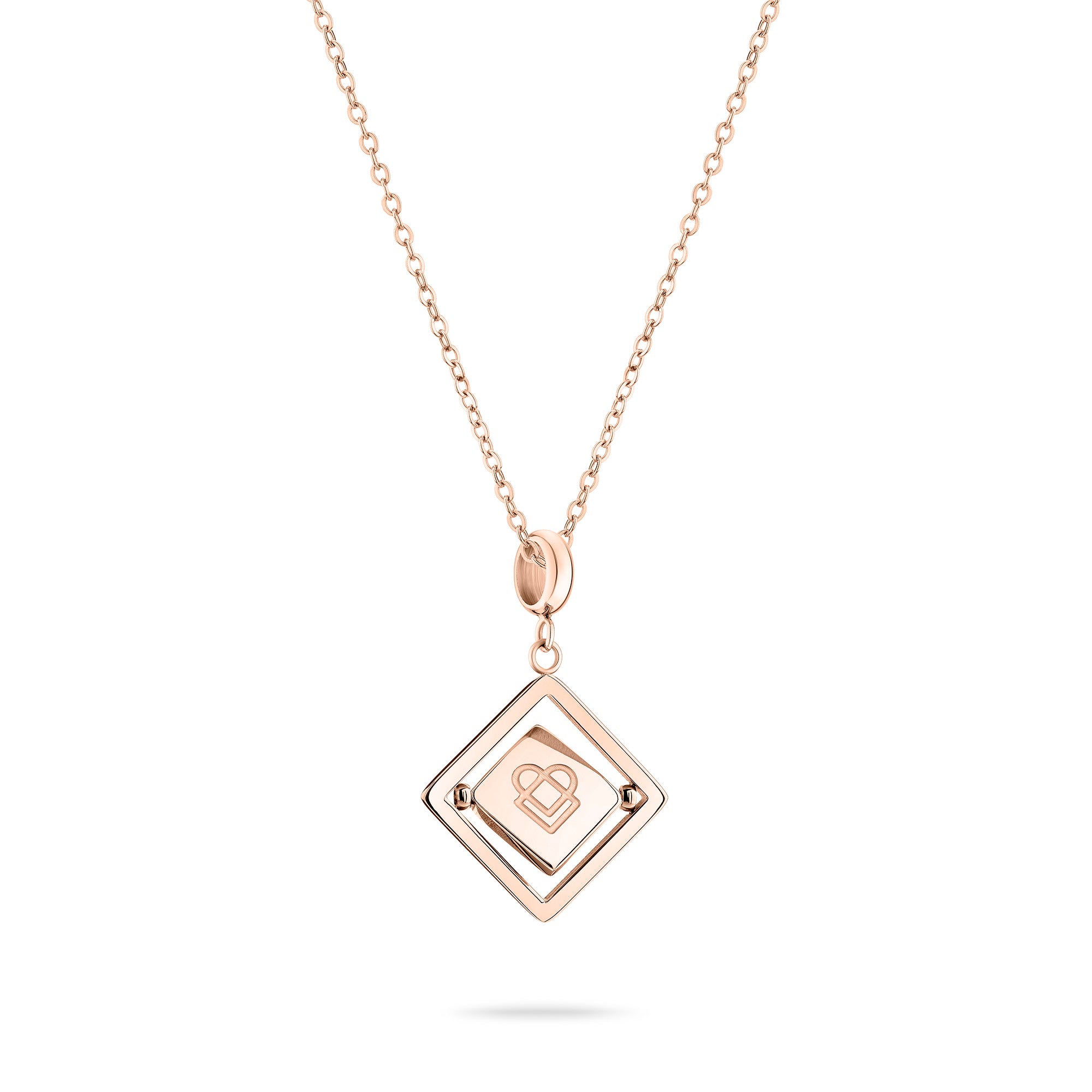 Liebeskind Berlin Halskette bestehend aus einer roségoldenen Ankerkette und einem drehbaren Anhänger mit graviertem Logo auf der einen und graviertem Logoschriftzug auf der anderen Seite; Produktbild