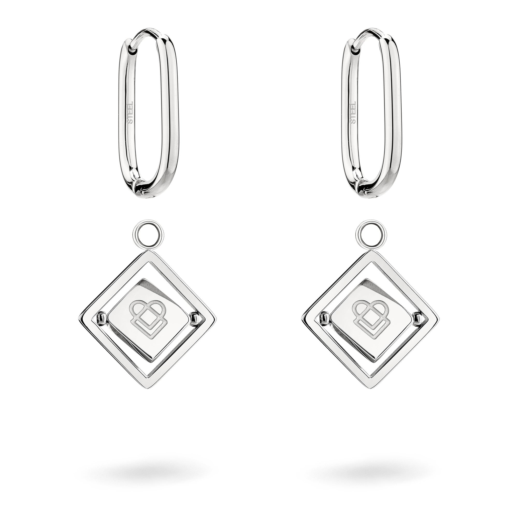 LIEBESKIND BERLIN Ohrhänger - Swinging Icon: Silberne Creolen mit diamantförmigen Anhängern und Herzkonturen aus der stilvollen Liebeskind Berlin Kollektion.