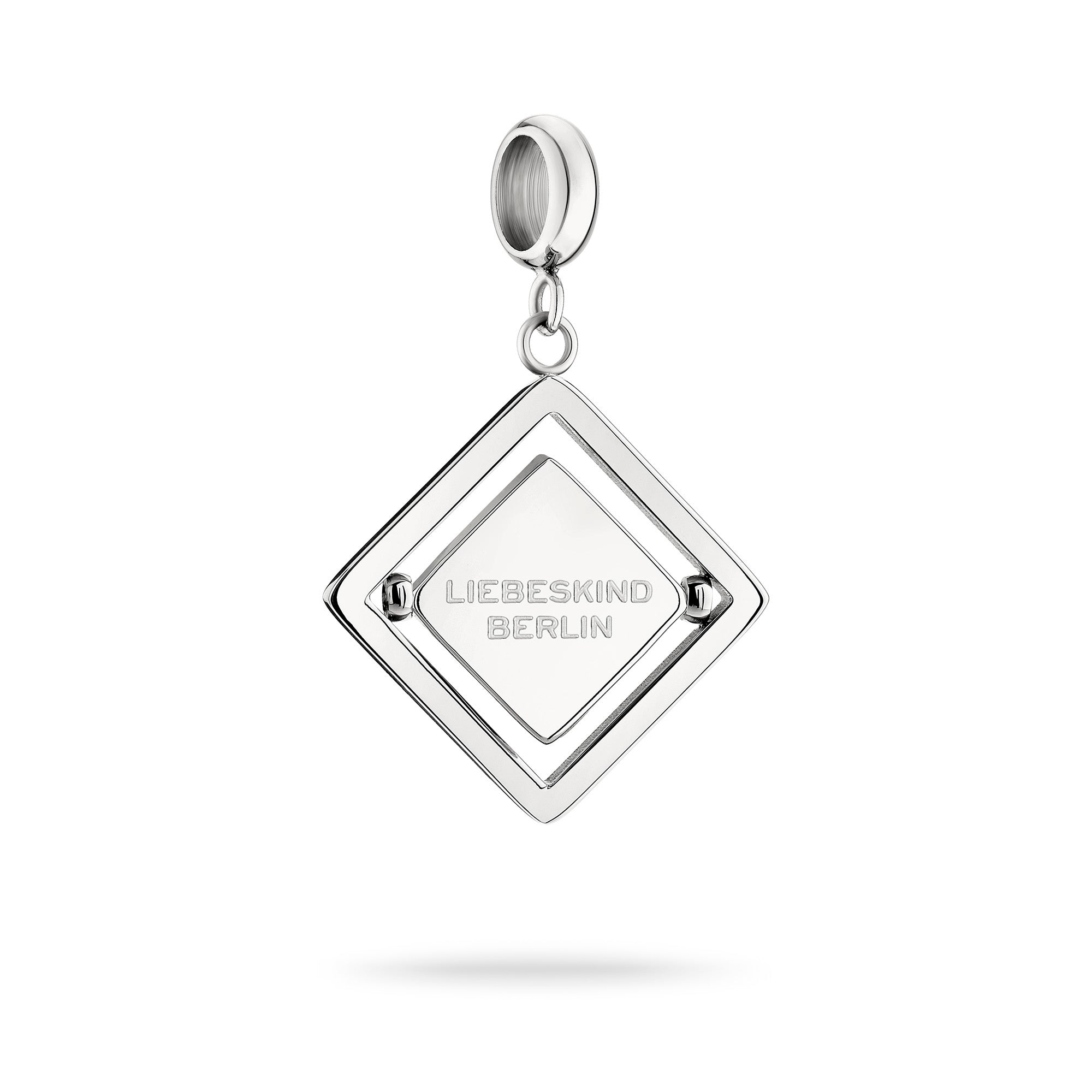 Silberner Liebeskind Berlin Charm mit drehbarem Plättchen, graviertem Jungfrau-Zodiac-Symbol auf der einen und Logoschriftzug auf der anderen Seite; Produktbild
