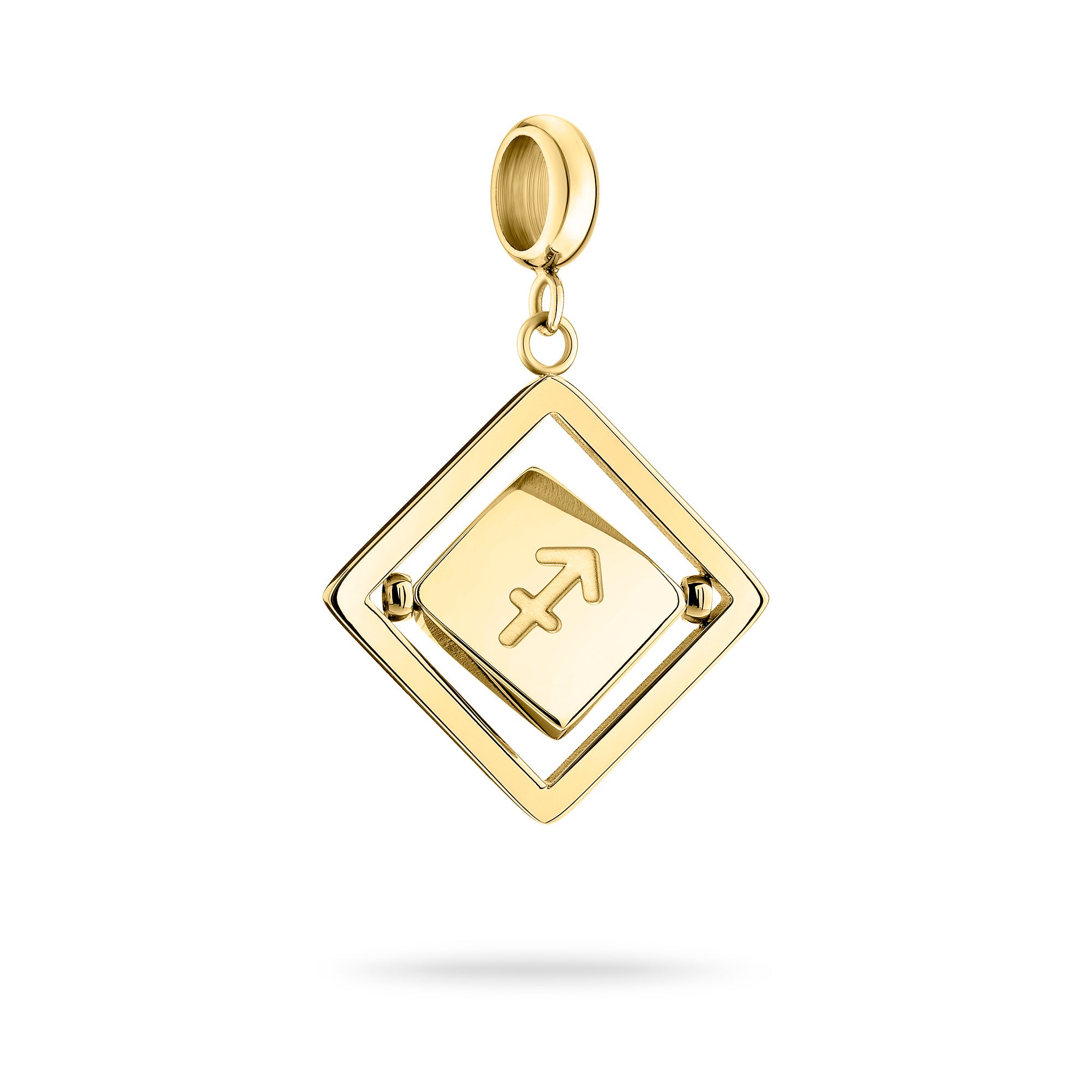 Goldener Liebeskind Berlin Charm mit drehbarem Plättchen, graviertem Schütze-Zodiac-Symbol auf der einen und Logoschriftzug auf der anderen Seite; Produktbild