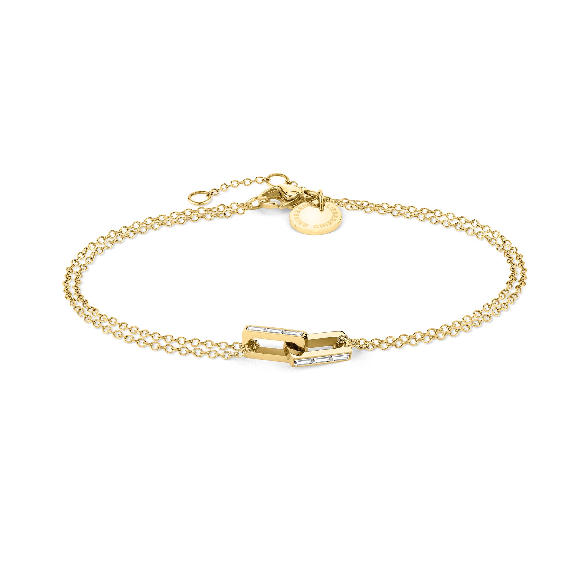 Liebeskind Berlin Armband bestehend einer goldenen, doppelten Ankerkette und einem mini Link Anhänger mit Zirkoniadetail; Produktbild