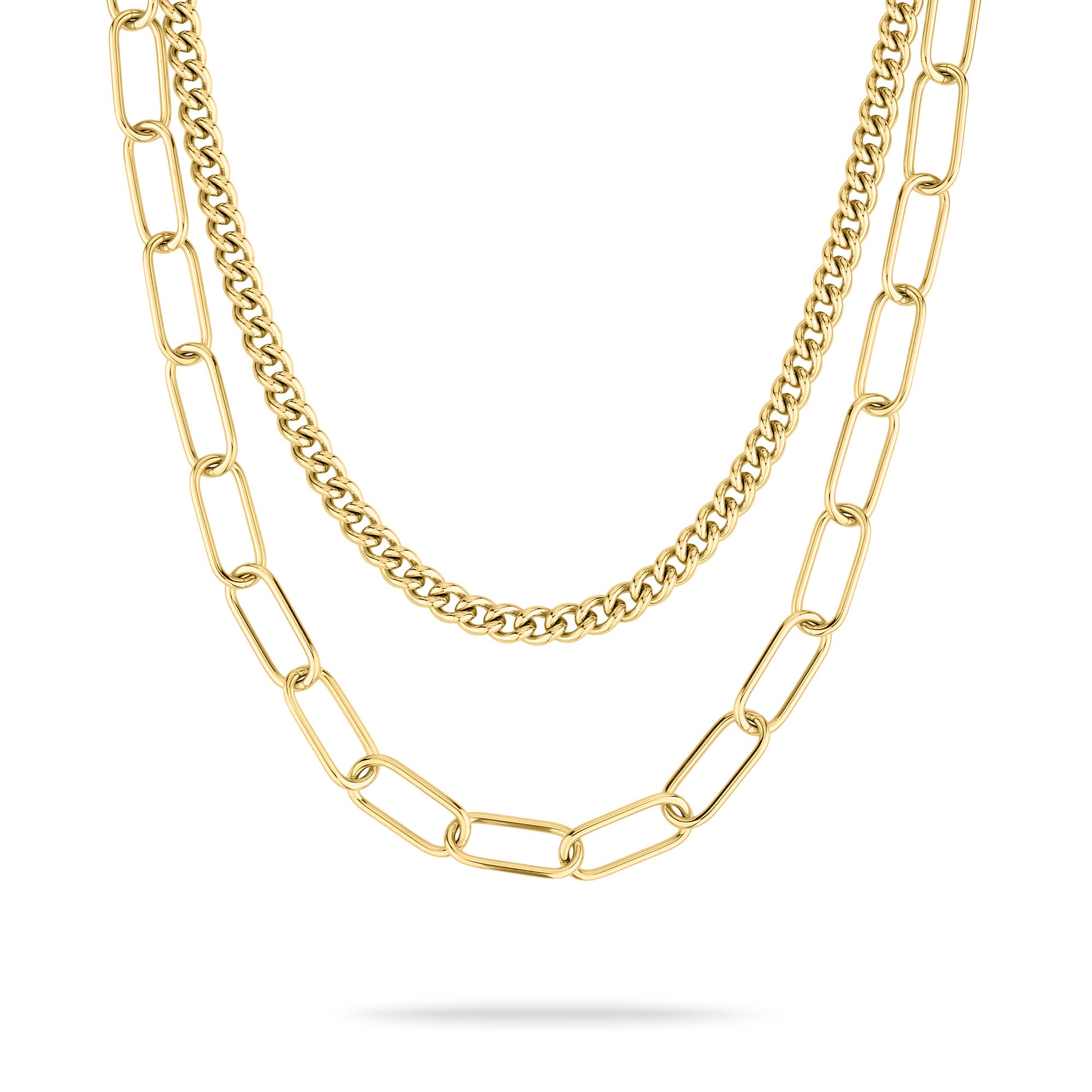 Zwei Goldketten von Liebeskind Berlin: das Halsketten-Set - The Layering, das sowohl kleine, enge Glieder als auch große, langgestreckte ovale Glieder aufweist.