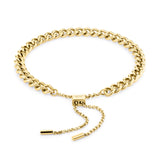 Das LIEBESKIND BERLIN Armband - The Must-Have von Liebeskind Berlin ist ein goldenes, klobiges Panzerkette-Edelstahlarmband mit einem verstellbaren Schiebeverschluss und zwei baumelnden Kettenenden, abgebildet auf weißem Hintergrund.