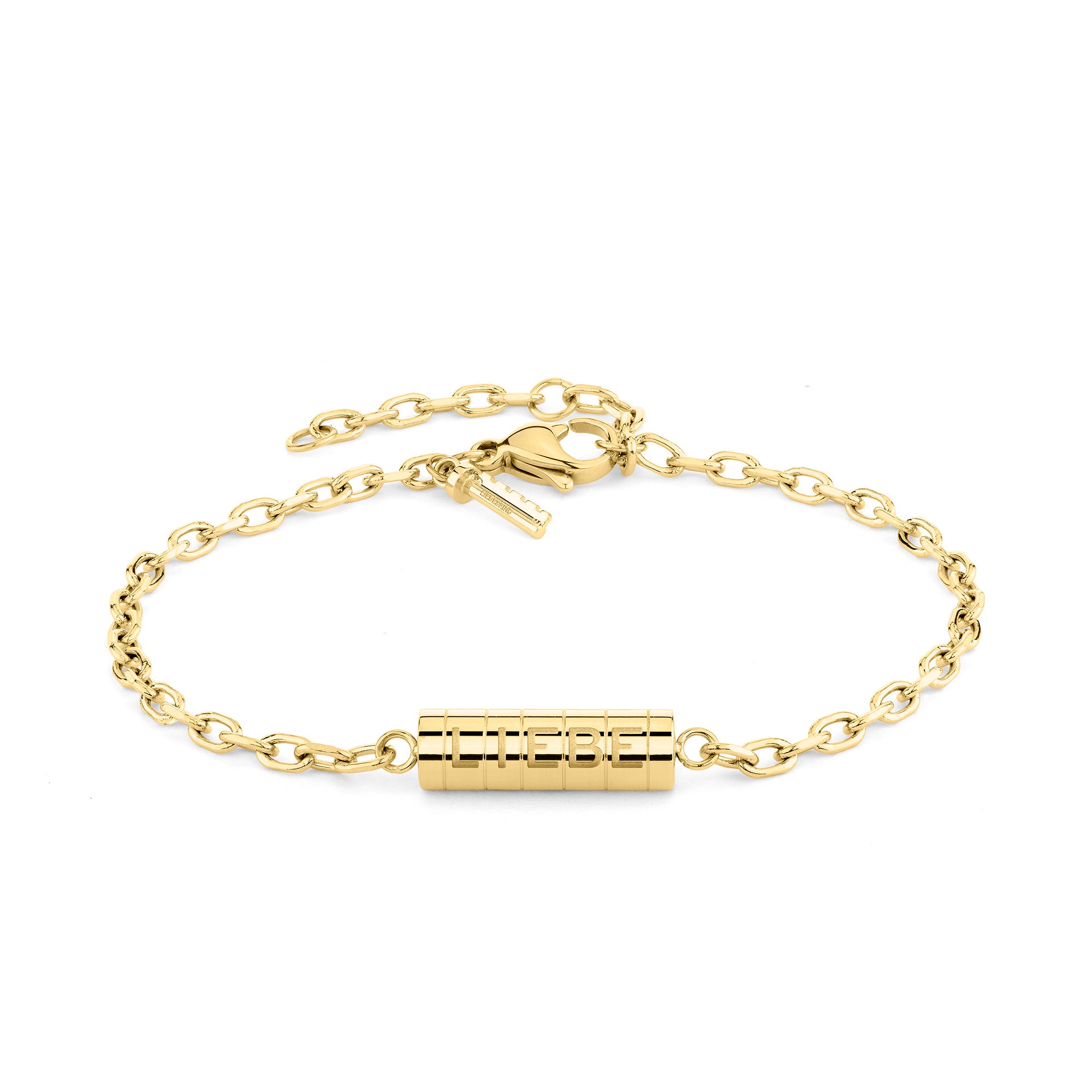 Das LIEBESKIND BERLIN Armband - The Love Lock von Liebeskind Berlin ist ein stilvolles Goldkettenarmband mit einem Zylinder in der Mitte, in den "THERE" eingraviert ist. Perfekt als elegantes Edelstahlarmband und ein durchdachtes Geschenk zum Valentinstag.
