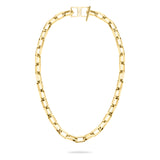 Goldkette mit rechteckigen Gliedern und sicherem Verschluss, ausgestellt auf Weiß - eine stilvolle LIEBESKIND BERLIN Halskette "The Secure Tag" von Liebeskind Berlin, perfekt, um ein elegantes Statement zu setzen.